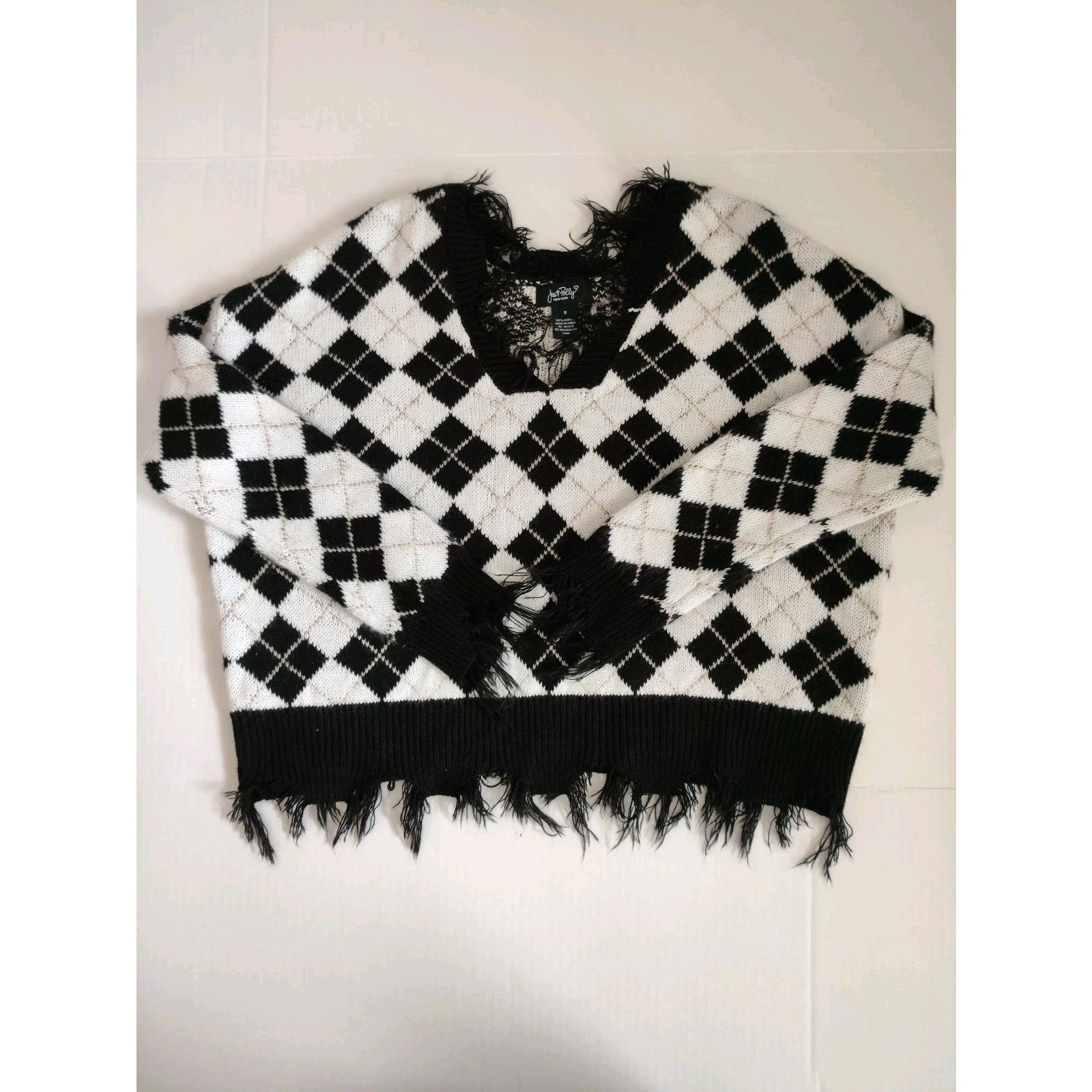 Copied – Just Polly New York Knit Argyle Cropped Fringe Sweater Women’s Size S