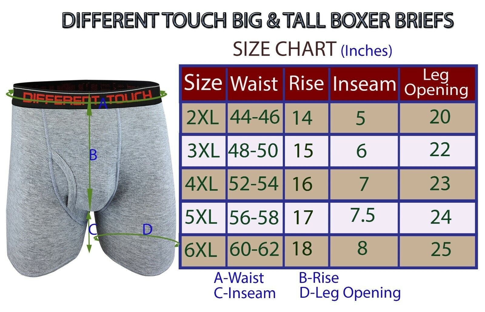 Long Leg Boxer Briefs Men’s 6 pr. Gray Black Big &Tall 3X to 6X Different Touch