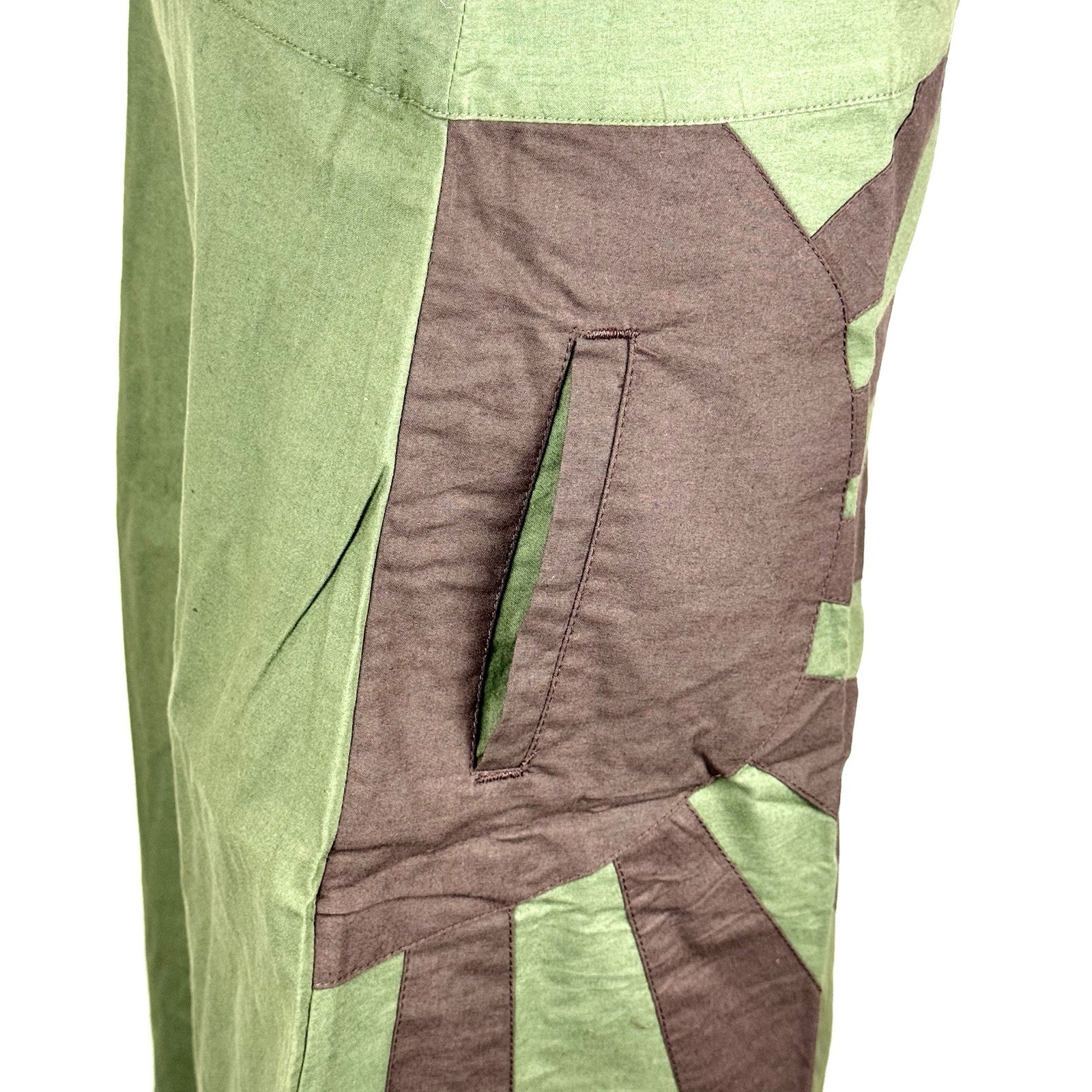 M&L Midi Skirt Medium Green With Brown Sunburst Pocket Zipper Hip 100% Cotton