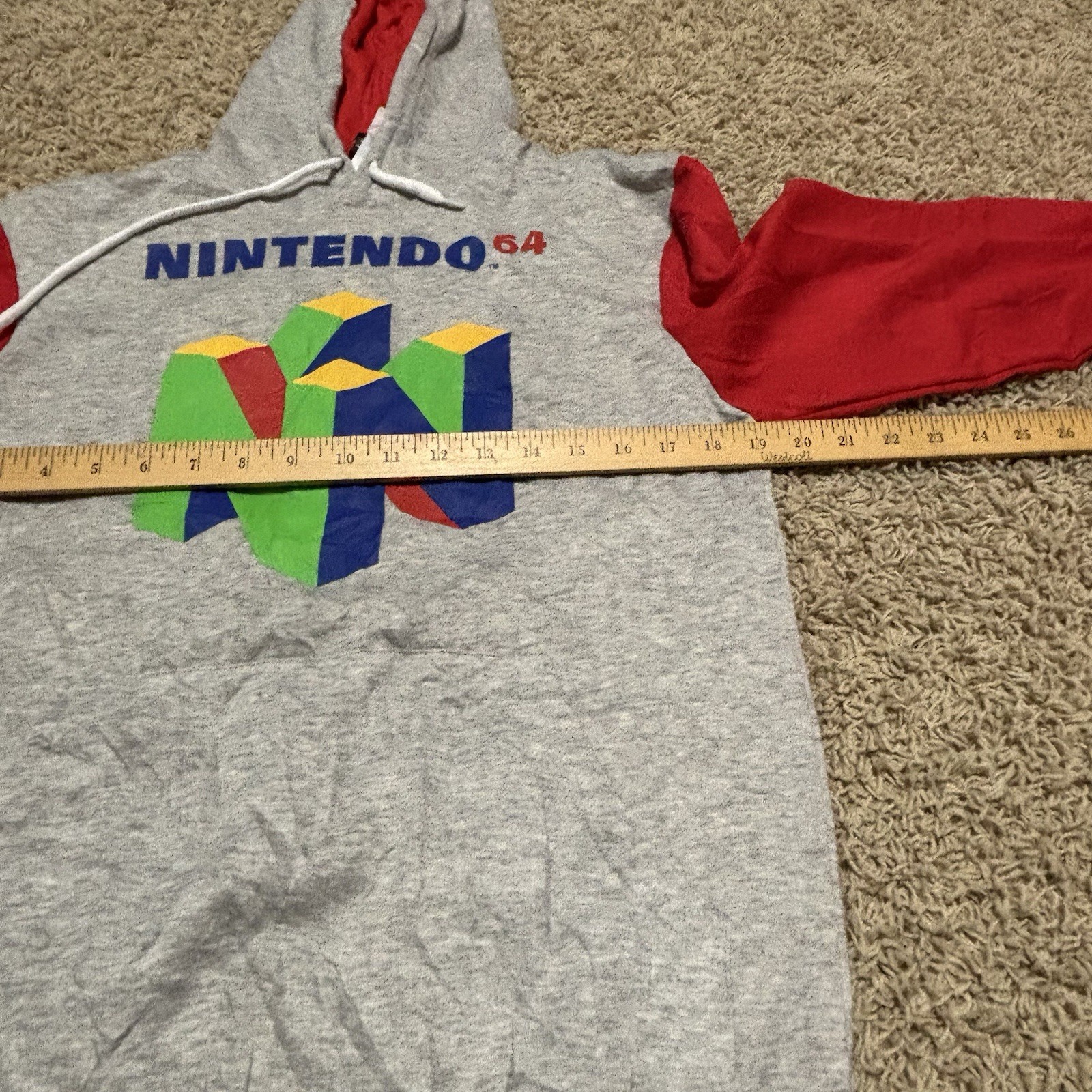Men’s Nintendo 64 Logo Heathered Gray Red Sleeves Hooded Sweatshirt S