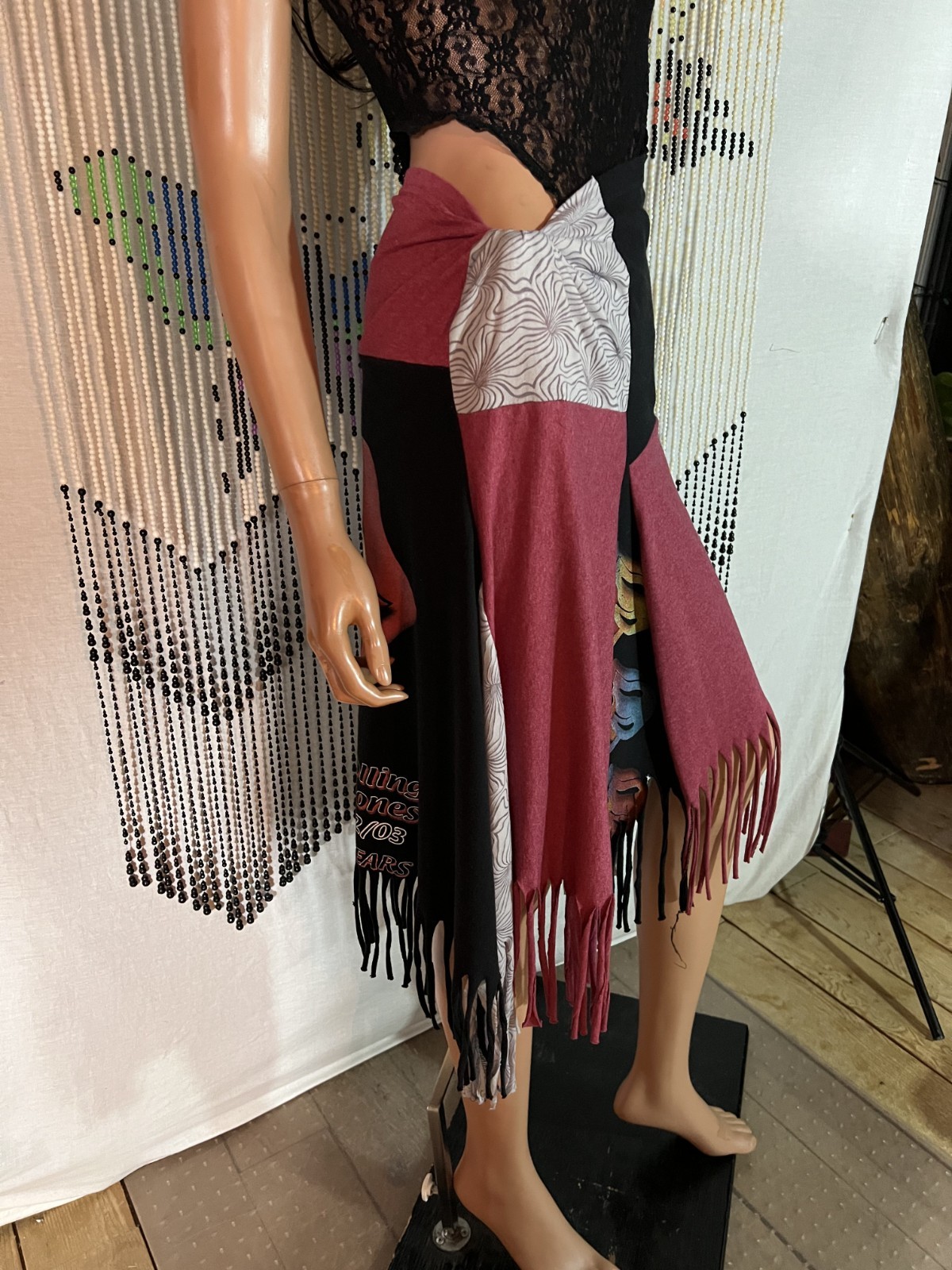 Handmade Skirt From 2003 Rolling Stone T-shirt Twist Waist Fringed Free Size REG