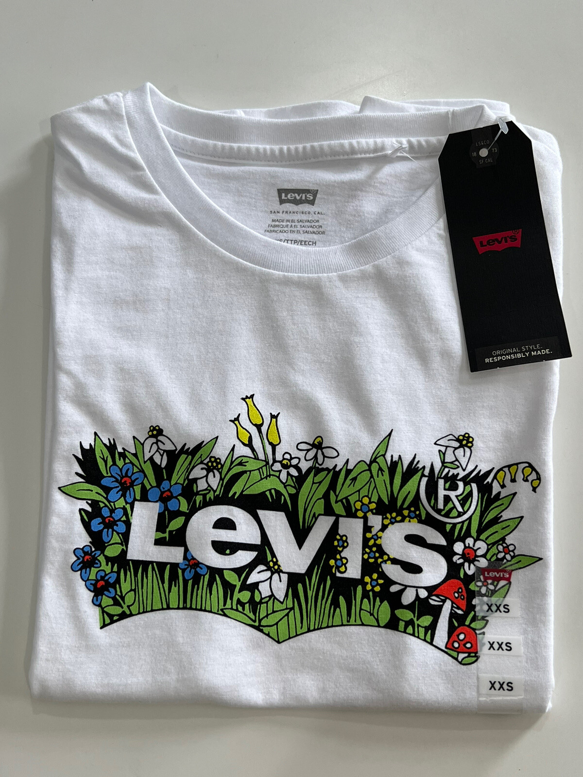 Levi’s Women’s Batwing Logo Perfect Tee White Floral T-Shirt Size XXS, XS NEW