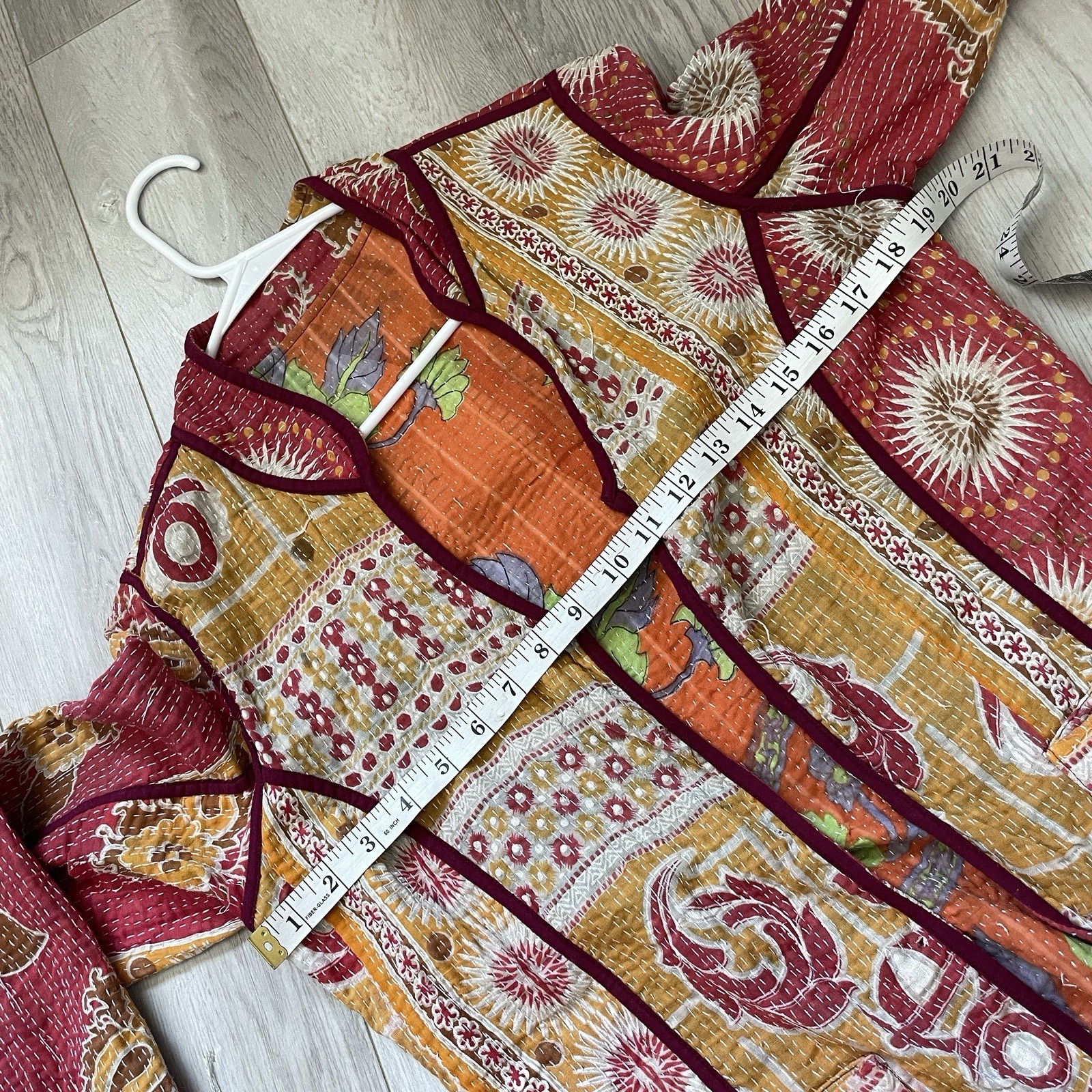 Reversible Quilted Jacket kantha floral long sleeve womens Red Orange (small)