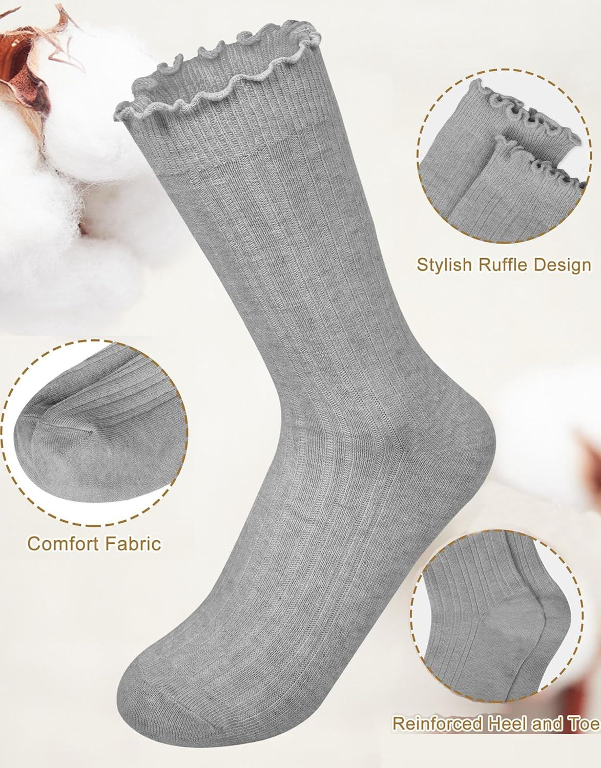 6 Pairs Womens Ruffle Socks Cute Frilly Cotton Turn Cuff Casual Crew Slouchy Soc
