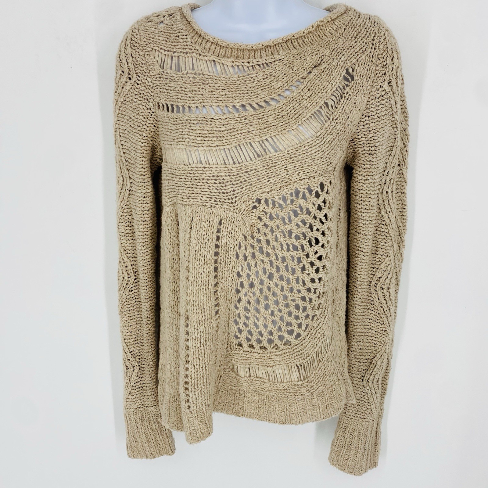 Moth Anthropologie Cream Open Knit Pull Over Sweater Small Slanted Openwork