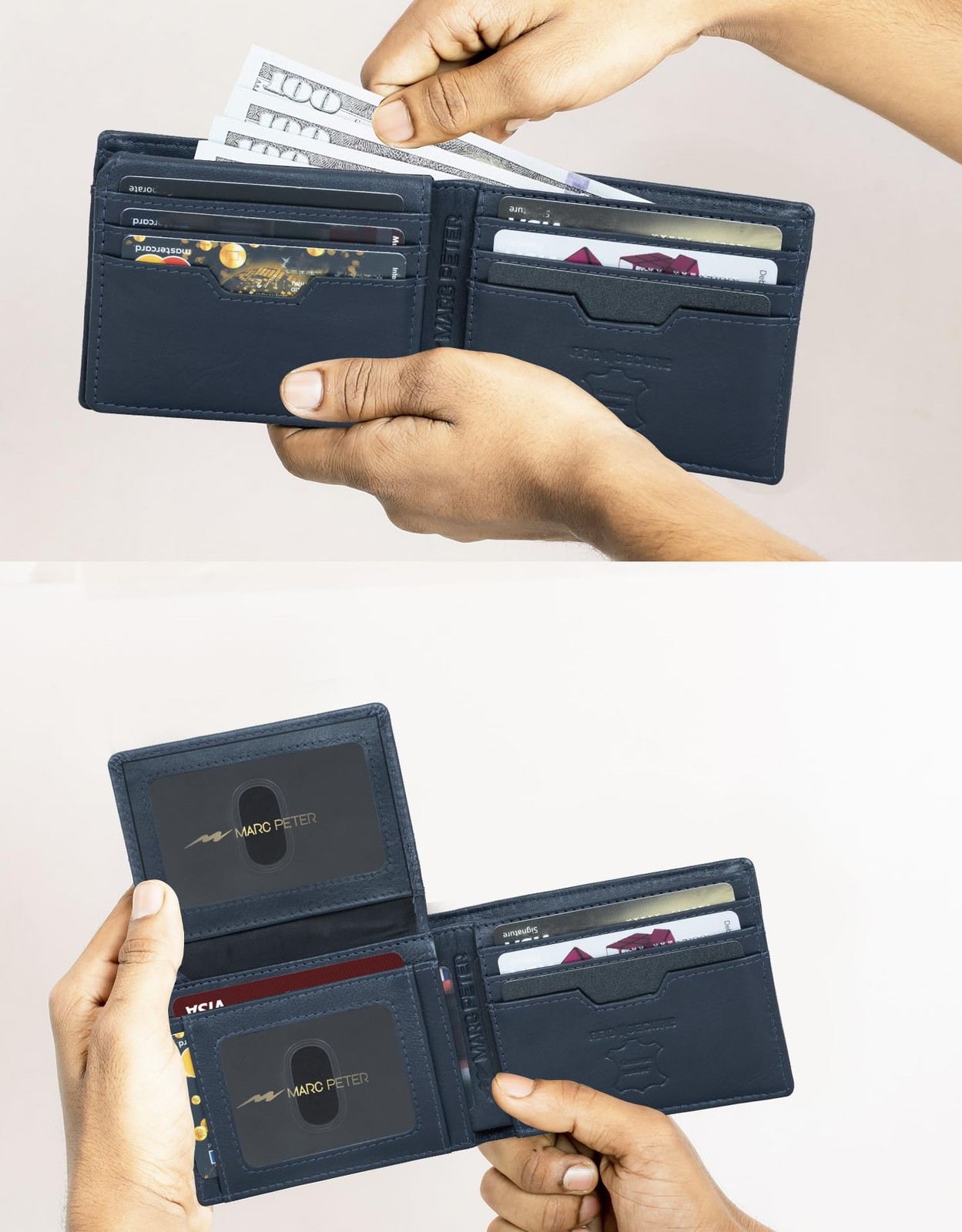 Marc Peter Wallet for Men Slim Bifold RFID Blocking 10.5×8.2×1.3 cm, Navy