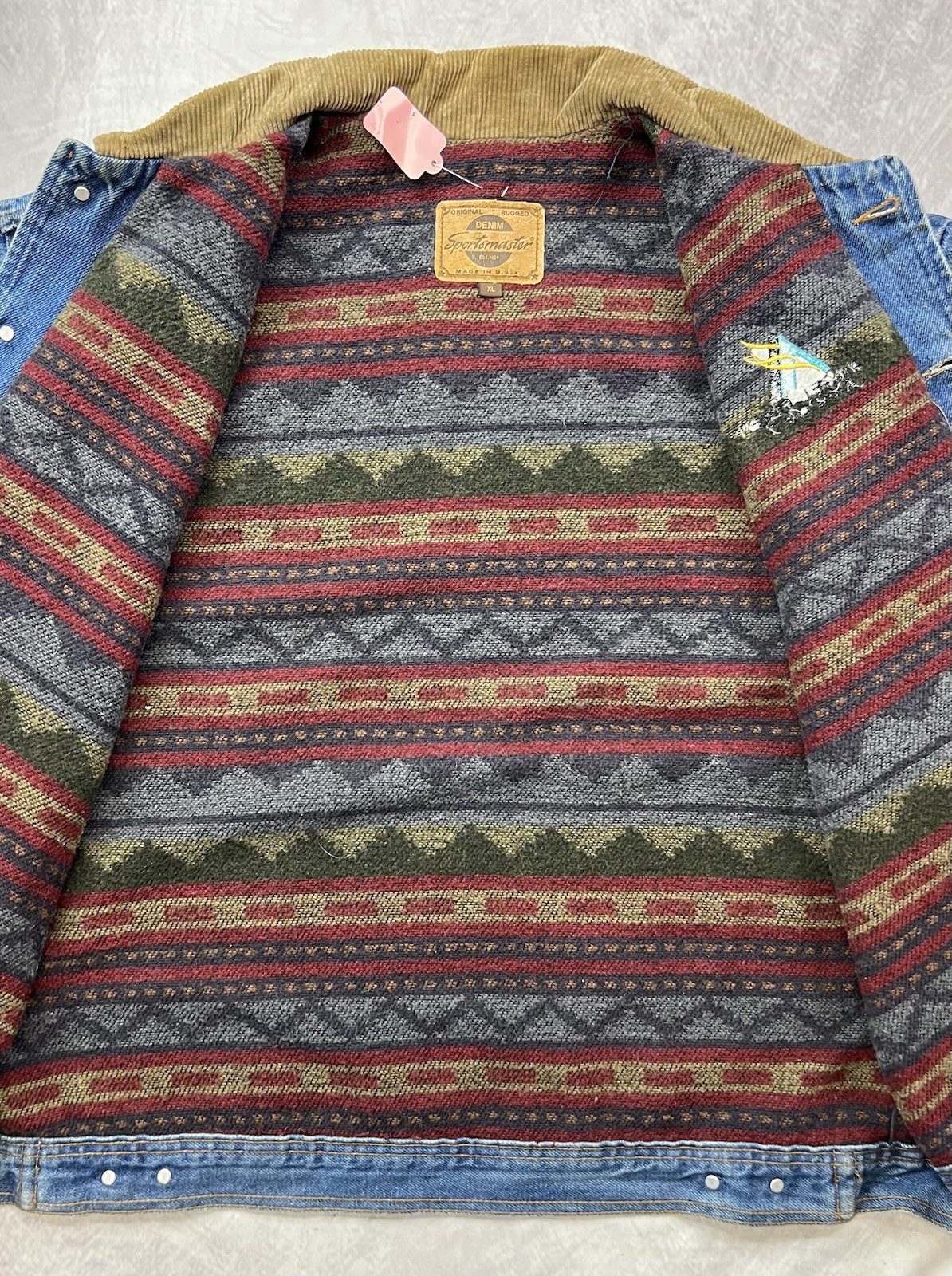 Vintage Sports Master Blanket Lined Denim Jacket Size XL USA Made Aztec