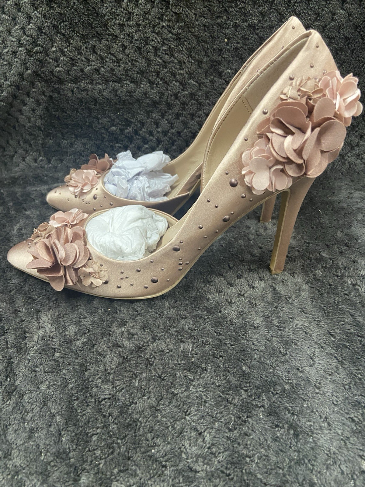 Charles by Charles David Taupe Satin Chiffon Floral Studded Stiletto Pumps 7.5M