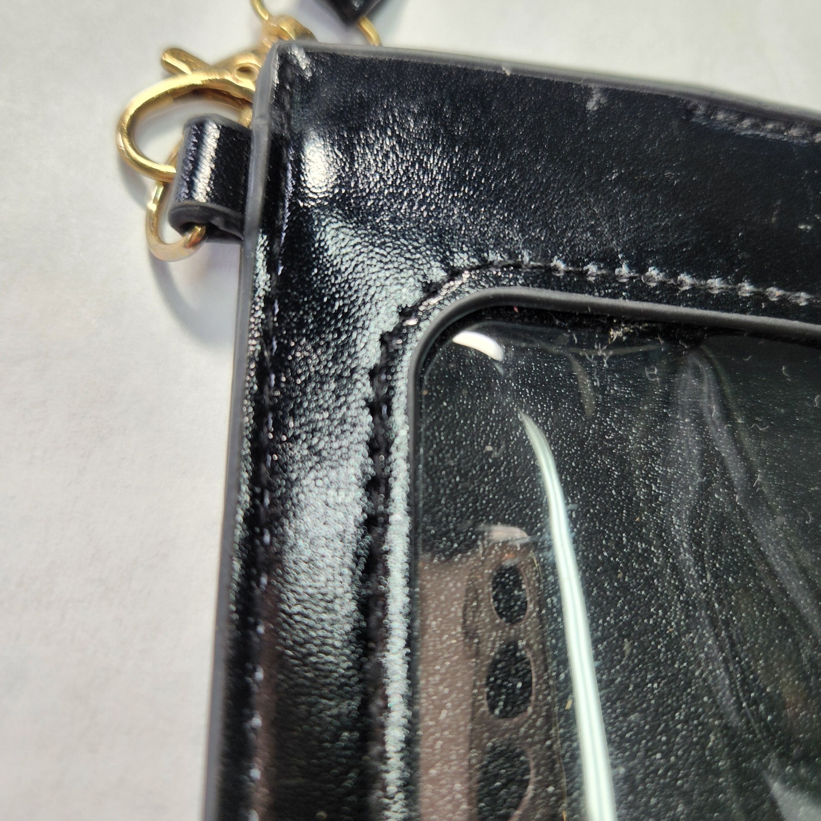Black And Crystal Studded Phone Case With Clear View Panel And Shoulder Strap