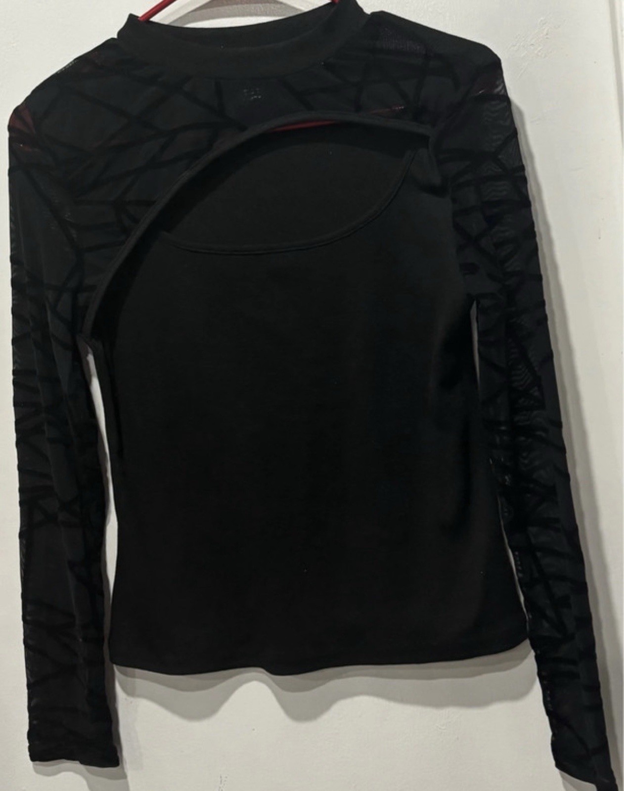 SHEIN Black Mesh Geometric Cutout Long Sleeve Mock Neck Top Size S
