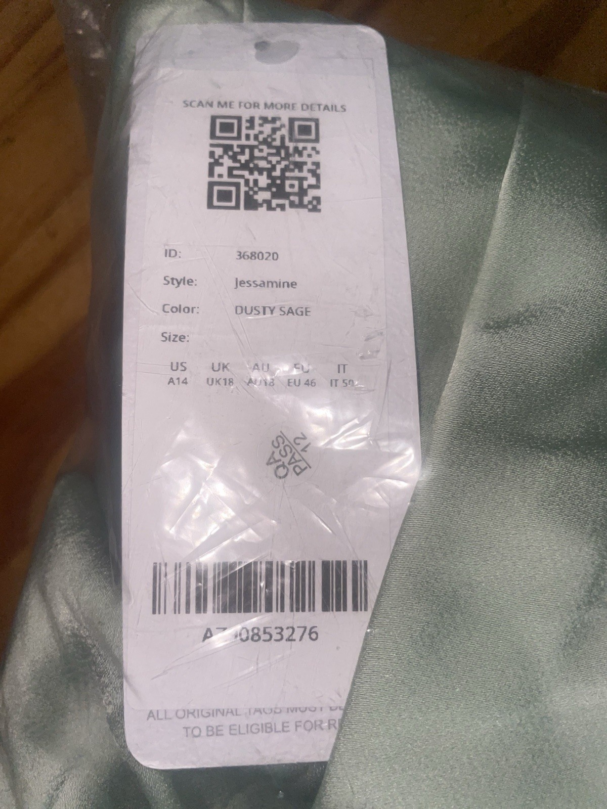 Azazie Jessamine Stretch Satin Bridesmaid Formal Gown Dusty Sage SZ A14 NWT $109