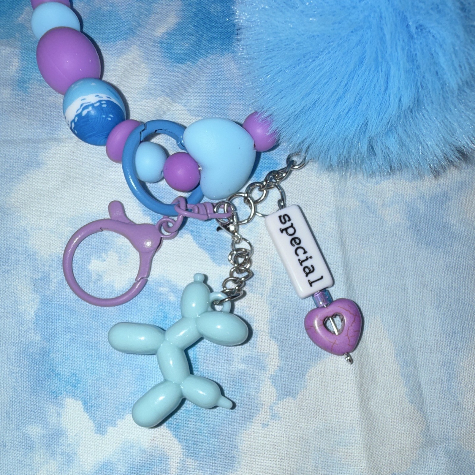 Blue & Purple Beaded Wristlet Key Chain/Bag Charm w/Pom Pom Heart