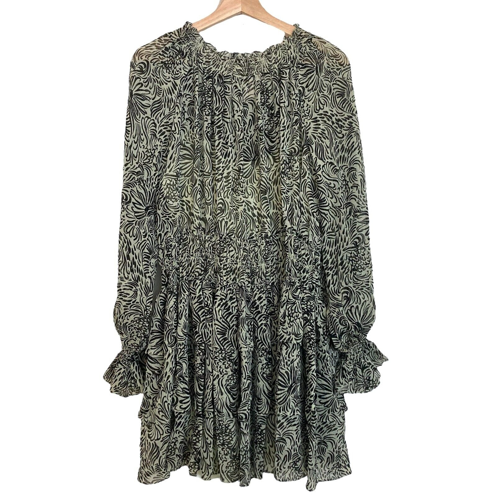 CINQ A SEPT Janelle Smocked Tiered Ruffled Mini Dress Size 8 Swirl Print Green