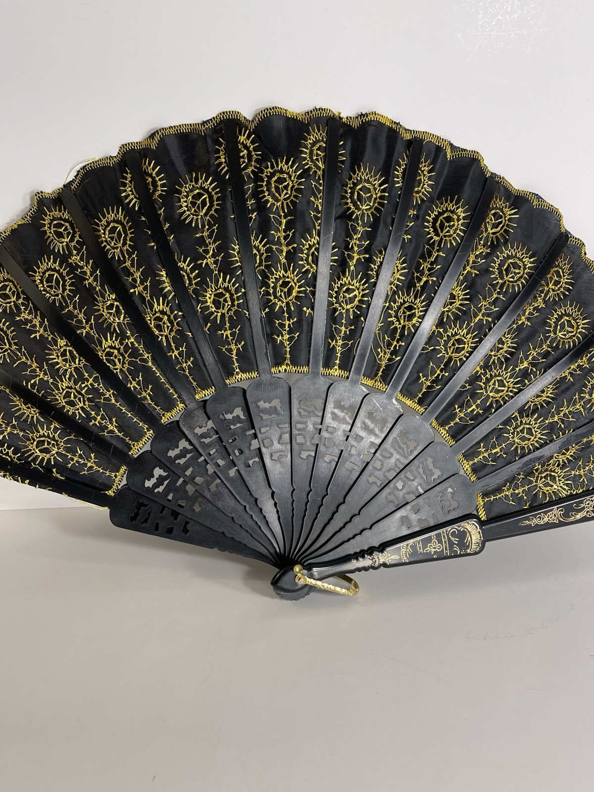 Black and Gold Victorian Style Fabric Plastic Hand Fan Cocktail Accessory