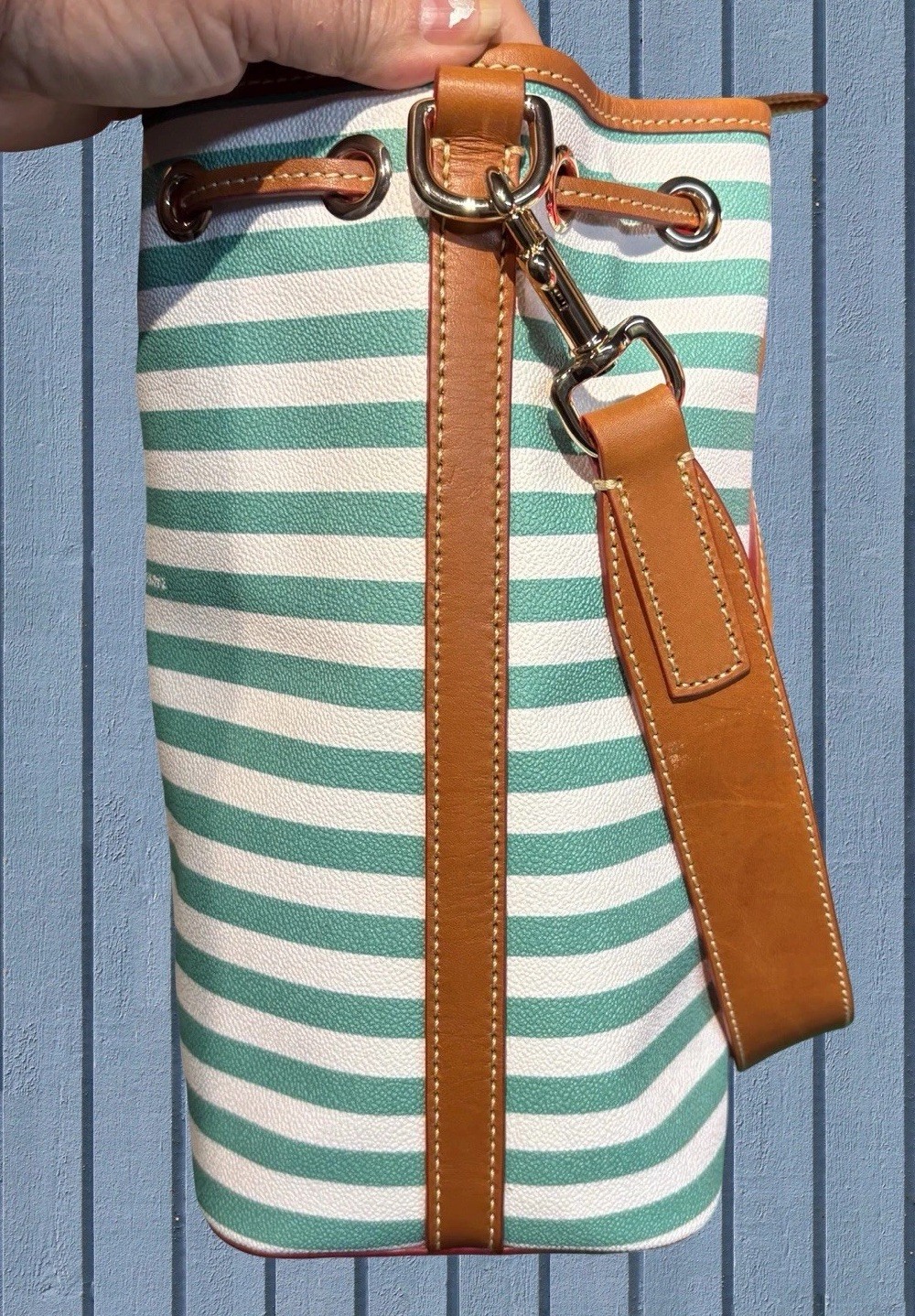 Dooney Bourke Sullivan Stripes Seafoam Spearmint Green Drawstring Bucket Bag