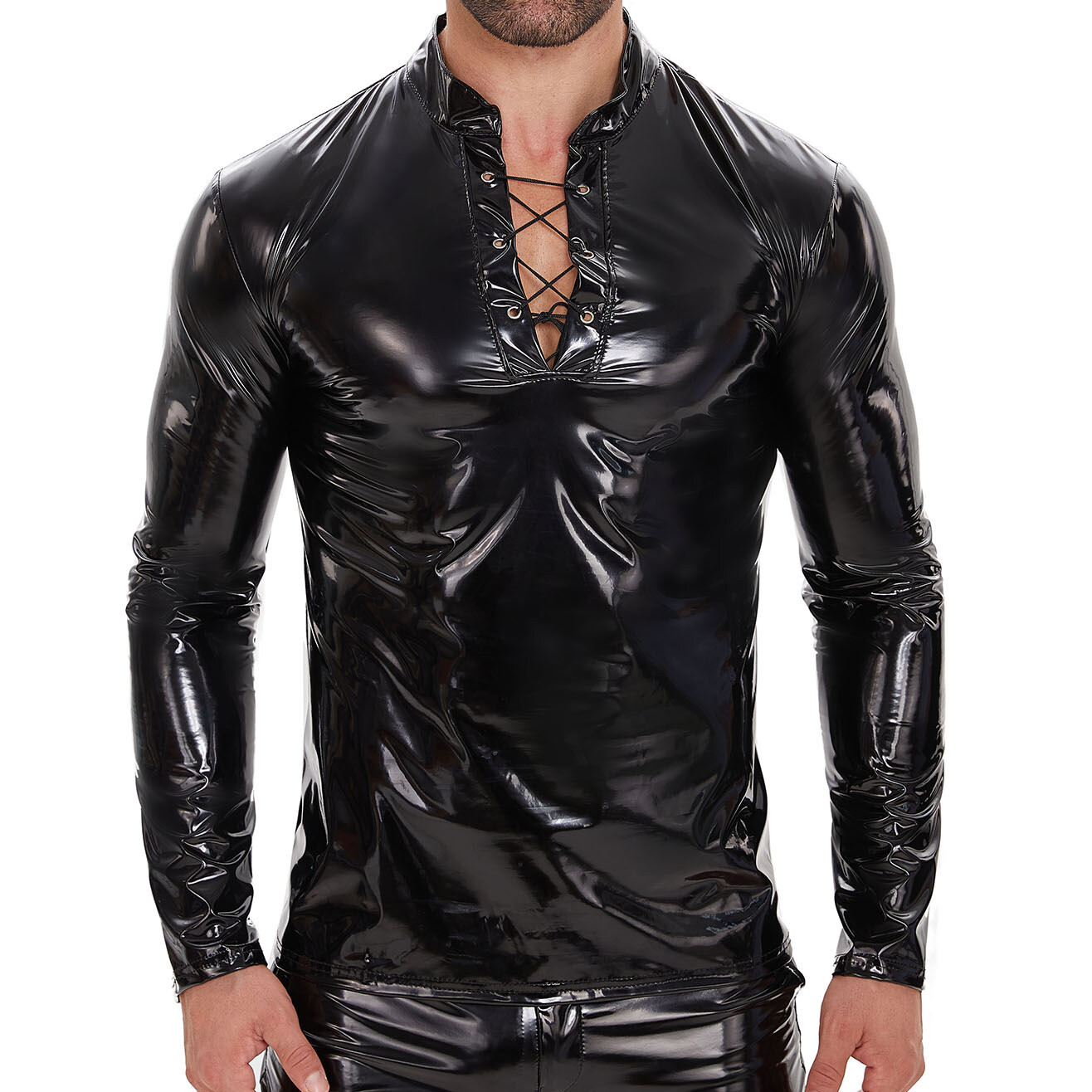 Men’s Wet Look Shiny PVC Leather Shirts Top Long Sleeved Slim Latex Jacket Shirt