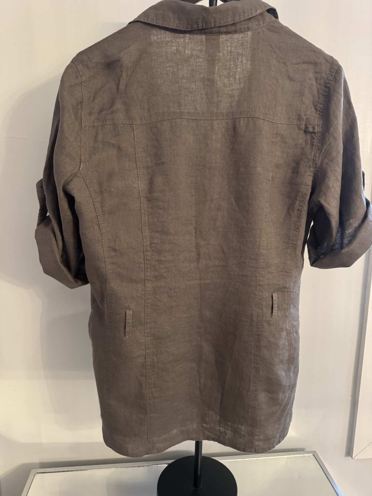 Women’s 100% Linen Button Front Utility Shirt Earthy Neutral Relaxed Sz 12