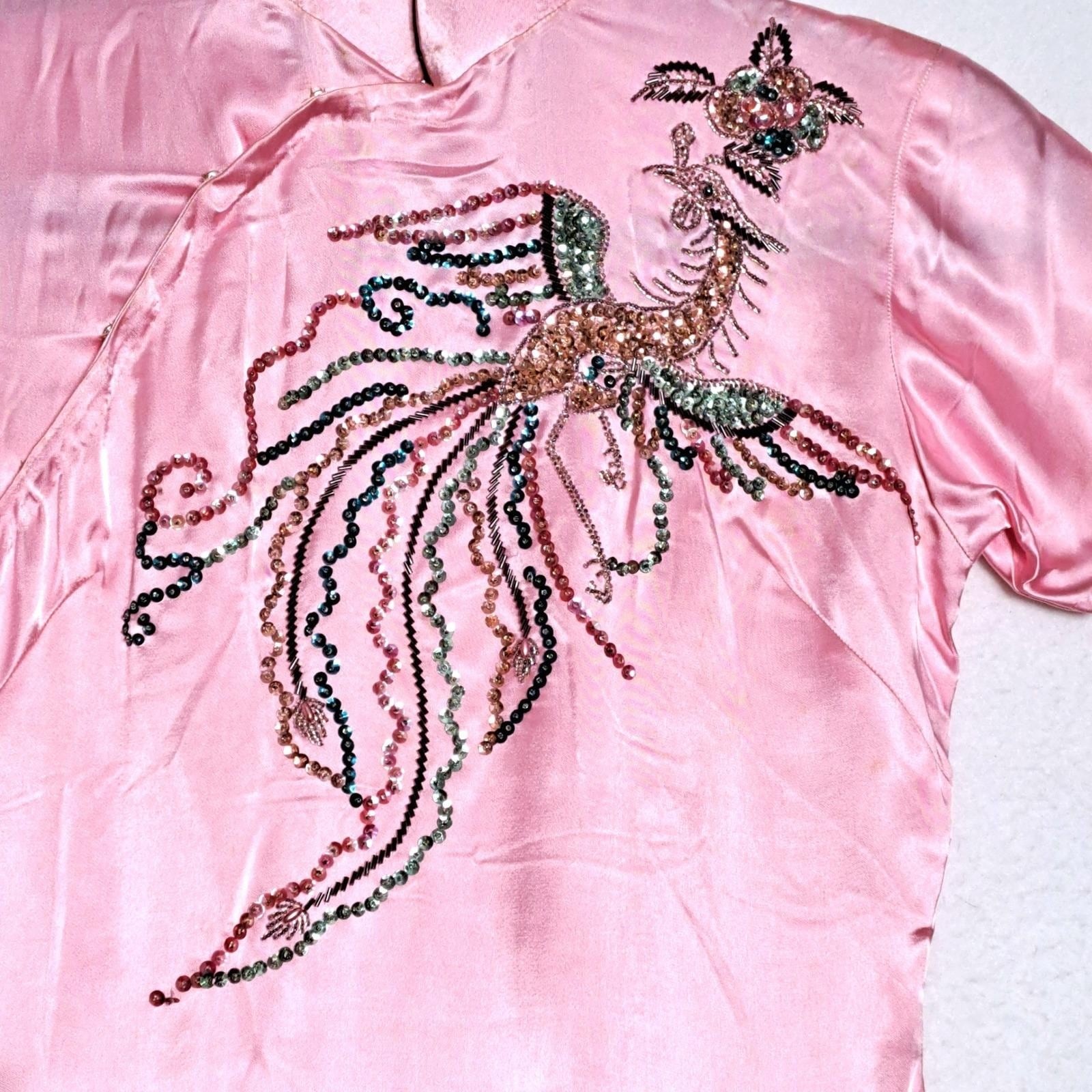 Vintage 50s 60s Pink Silk Satin Cheongsam Qipao Phoenix Sequin Beaded Dress S
