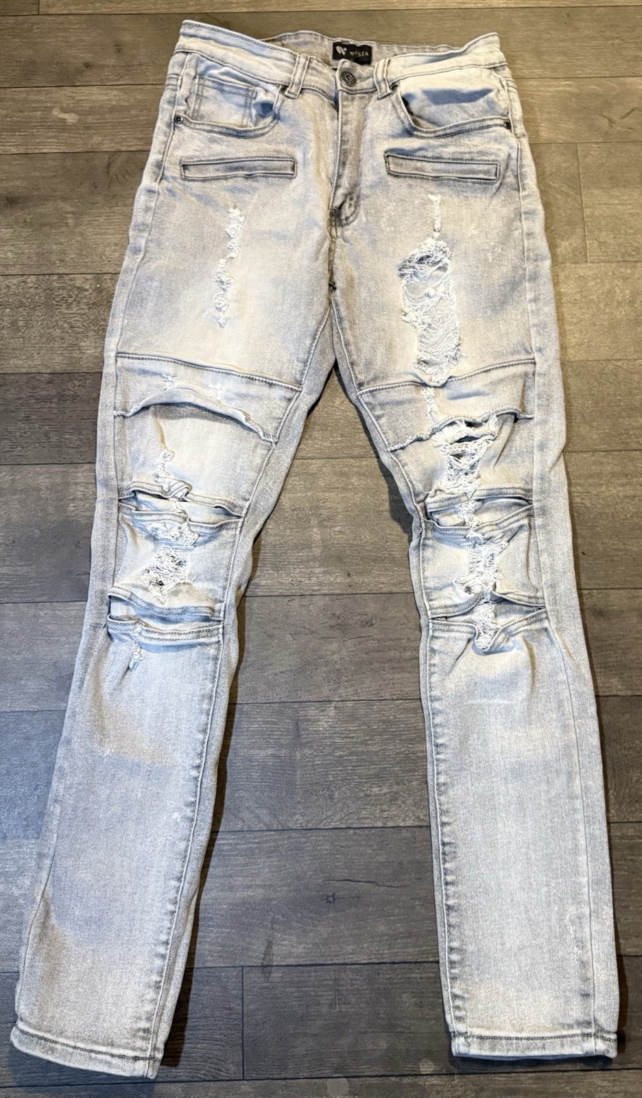 WAIMEA Men’s Light Wash Blue Distressed Stretch Skinny Jeans 5-Pocket Mid Rise