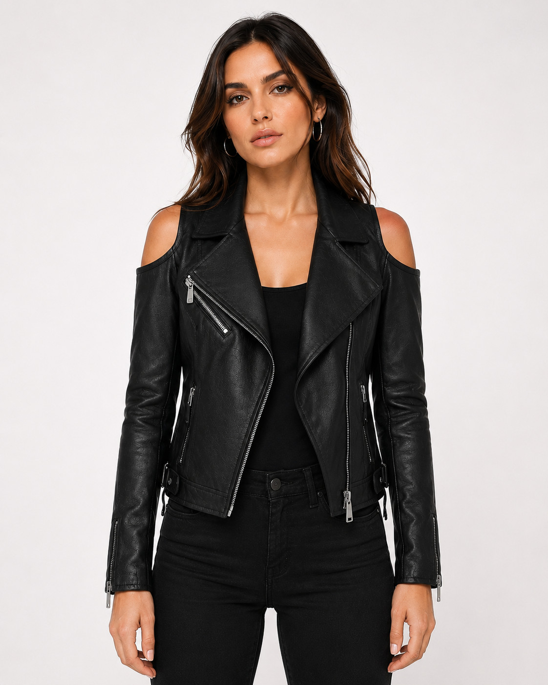 Women’s Black Moto Leather Jacket – Cold Shoulder – Biker Zip – Motorcycle Coat