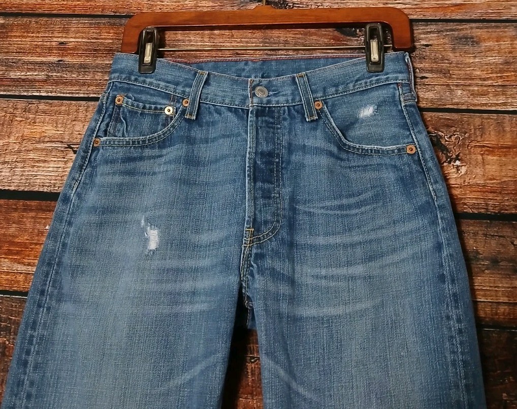 Levis UK Vintage Jeans 501 Button Fly 28X30 Distressed 100% Cotton Blue Denim