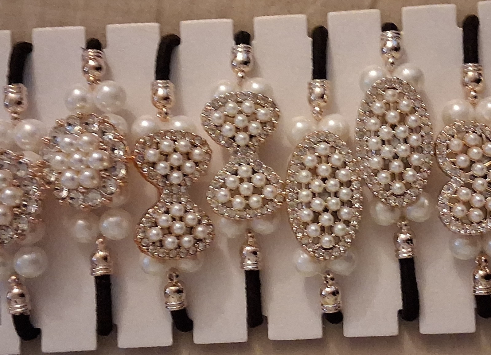 Pearl & Rhinestone Bow Elastic Hair Ties Set, Gold/Black/White Solid