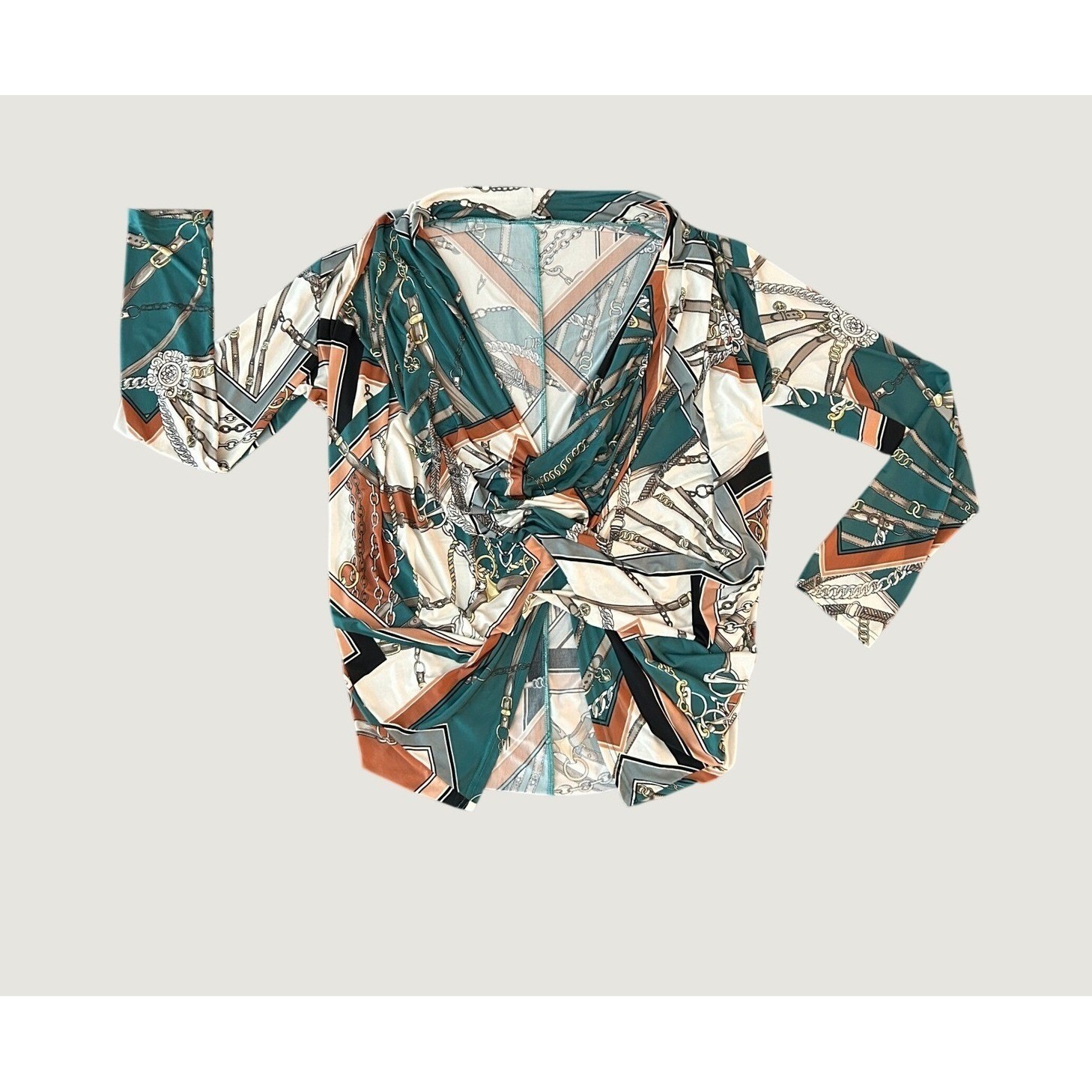 Fashion Nova Chain Scarf Print Twist Front V-Neck Blouse Teal Rust 1344