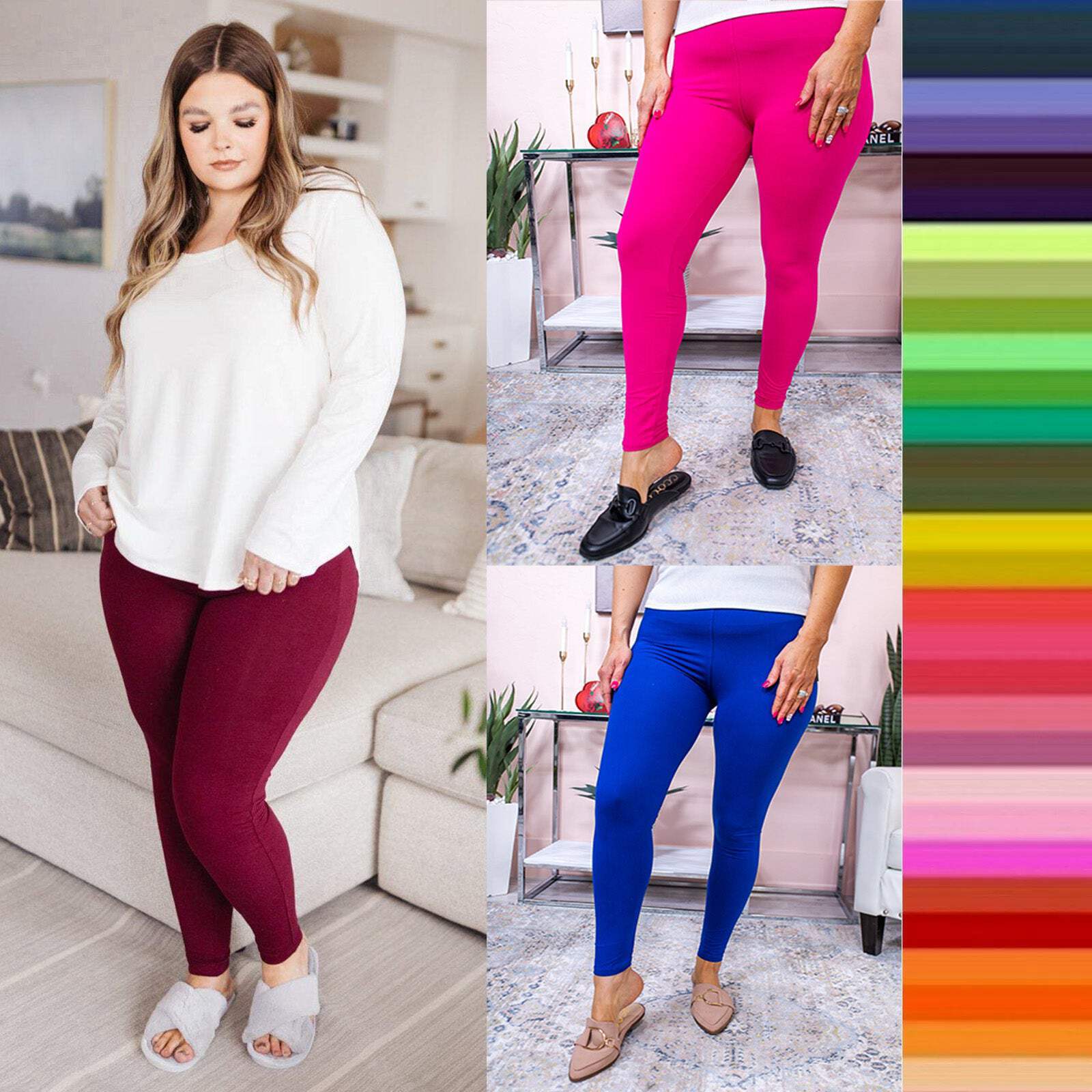 Women’s Extra Soft Full Length Long Solid Color Yoga Band Leggings S-3X
