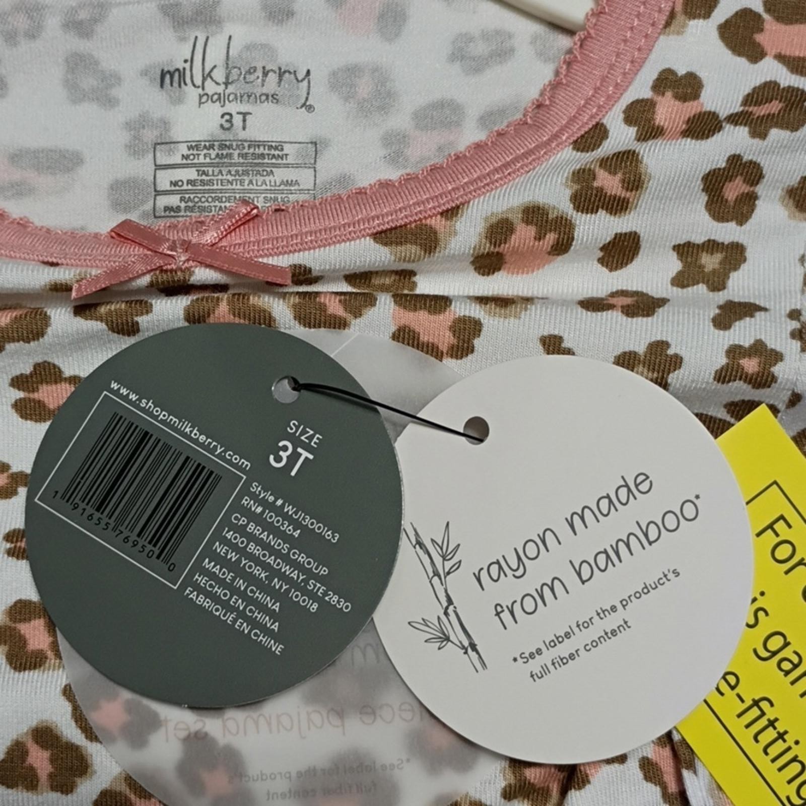 NWT Milkberry Girls Leopard Print Long Sleeve Pajama Set Rayon From Bamboo Sz 3T