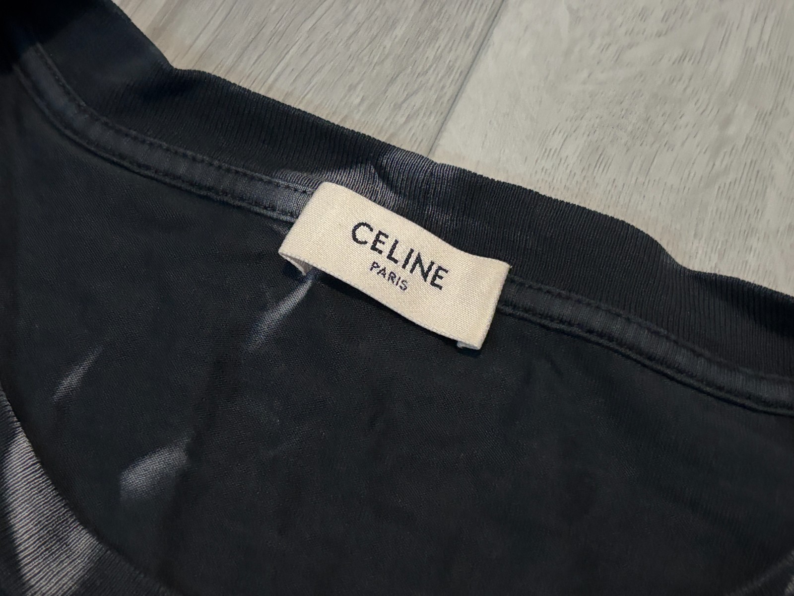CELINE Homme Tie-Dye Logo Print T-Shirt Black White Cotton Jersey Size Small