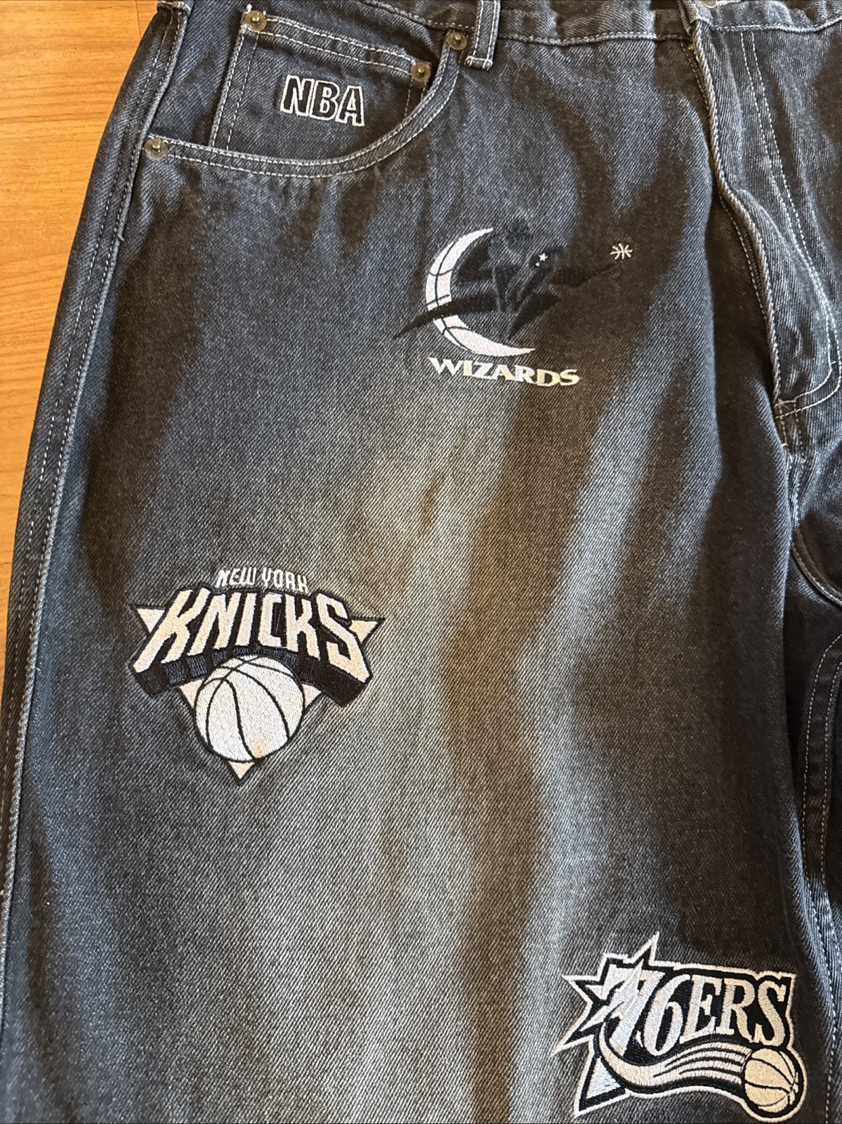 UNK NBA Denim Jeans 38 Grey / Black All Over Patch Y2K Baggy Straight Leg