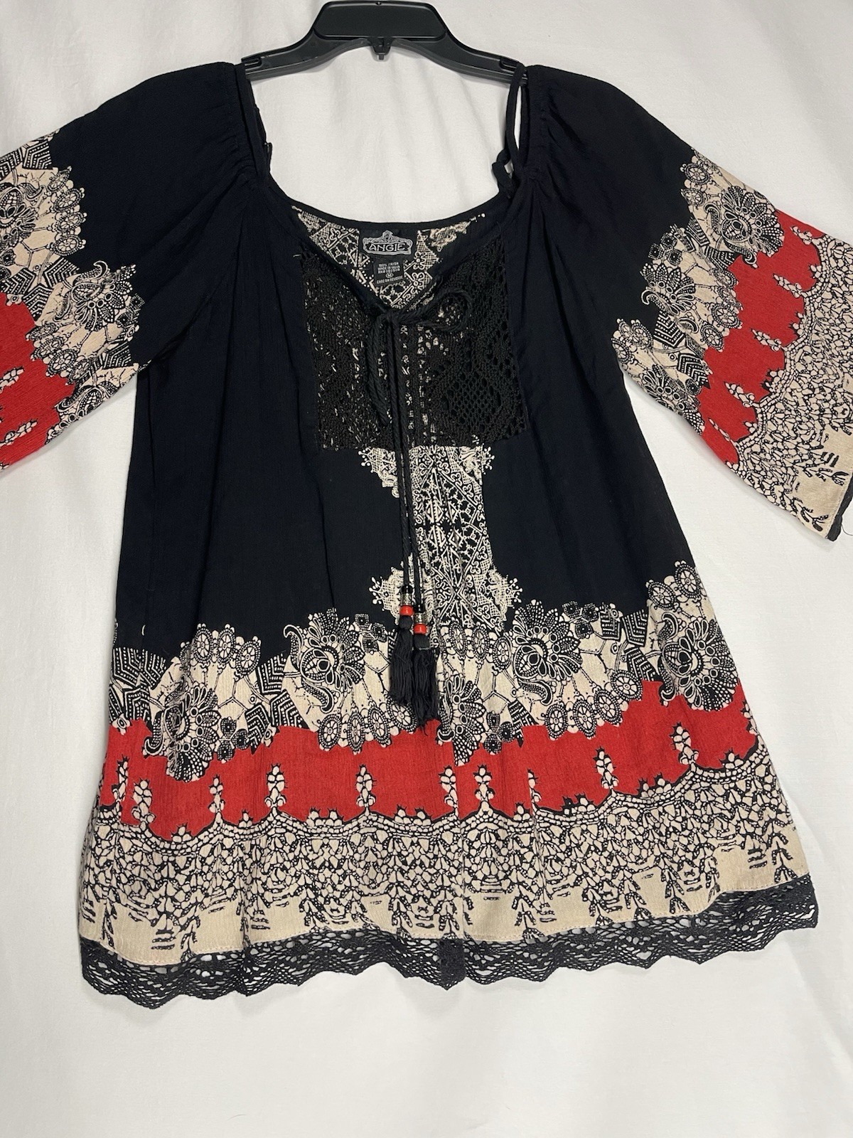 Angie Cold Shoulder Crochet Tassel Bell Sleeve Top Hippie Boho Size M Paisley