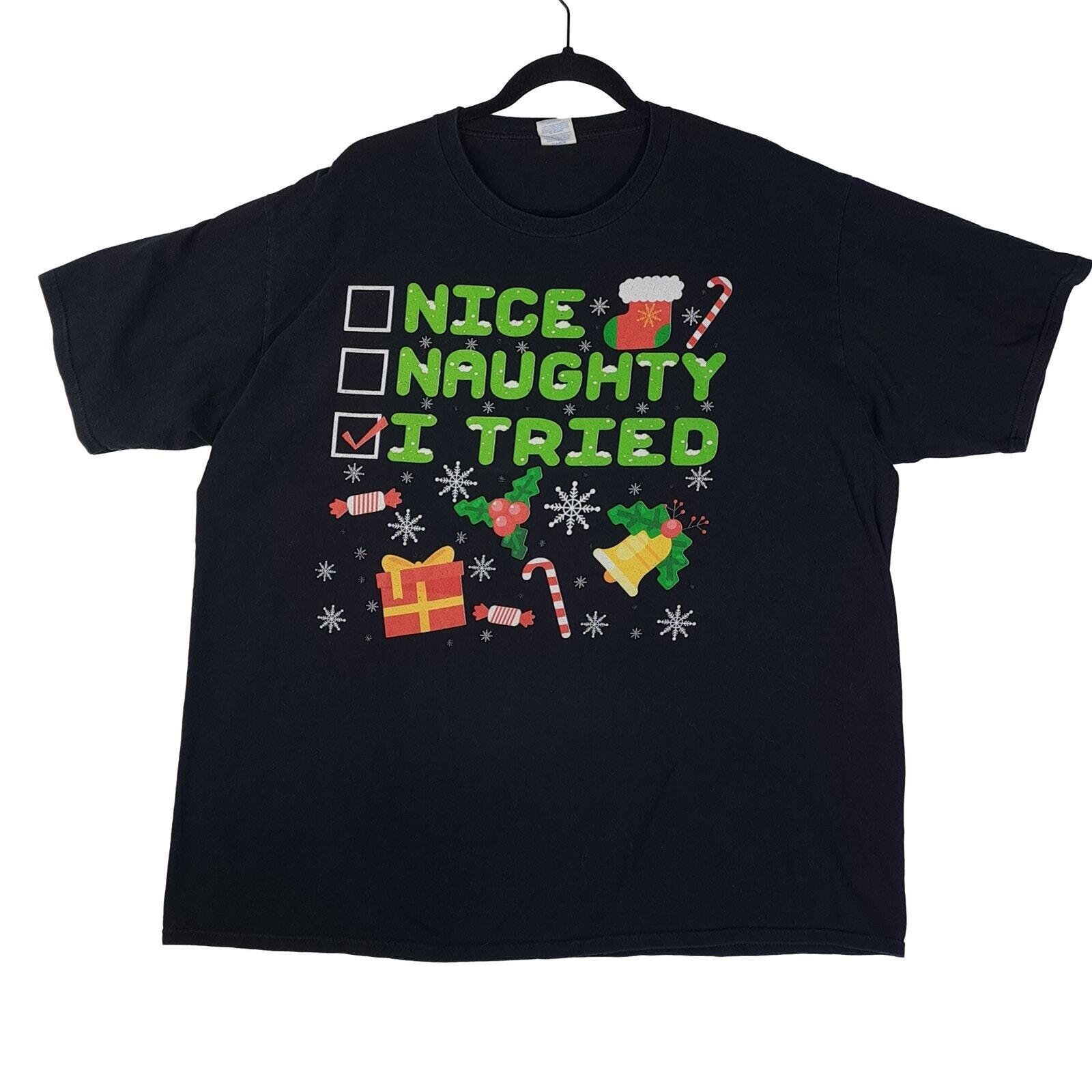 Christmas Holiday Tee Mens 2X Black Funny I Tried Nice Naughty T Shirt Unisex