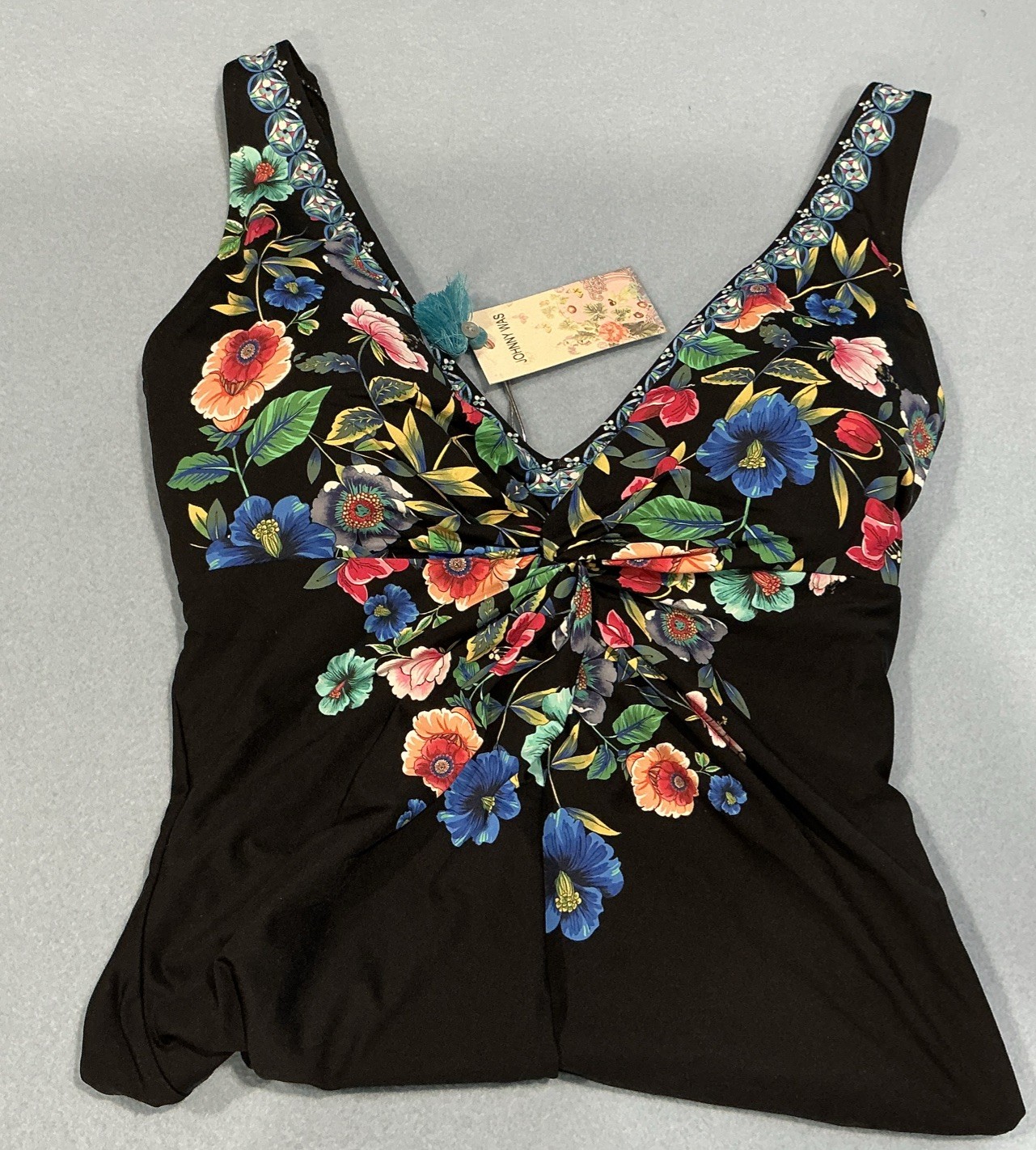 NWT $228 Johnny Was Mirror & Evening Palace Twist 1 Pc Black Floral Swimsuit L