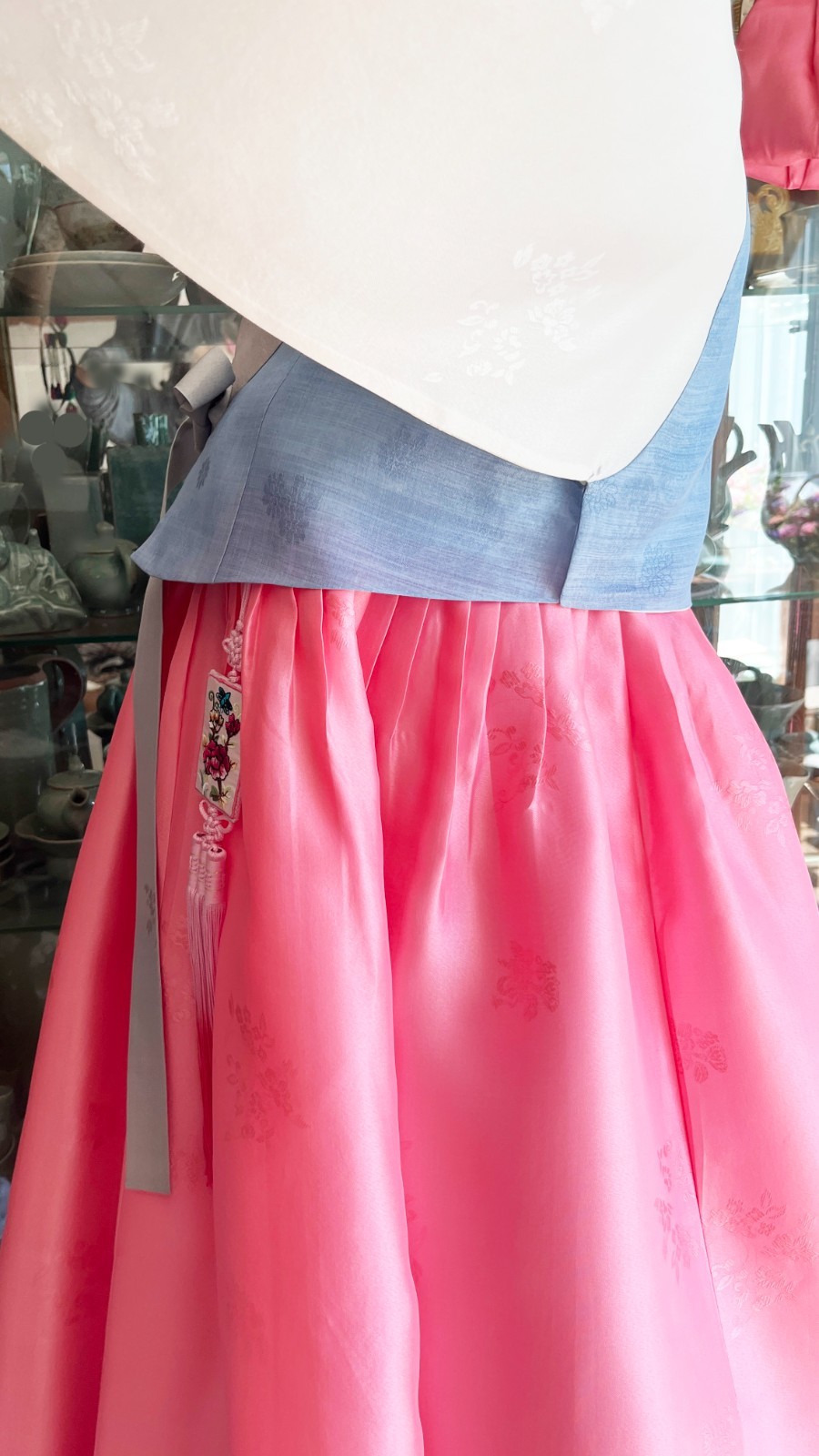 Premium Silk Traditional Korean Hanbok Dress–Light Blue & Pink/Hand bag / Junior