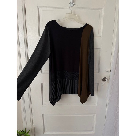 Alembika Tunic Top Lagenlook Boho Indie Long Sleeve Black Brown Colorblock 2