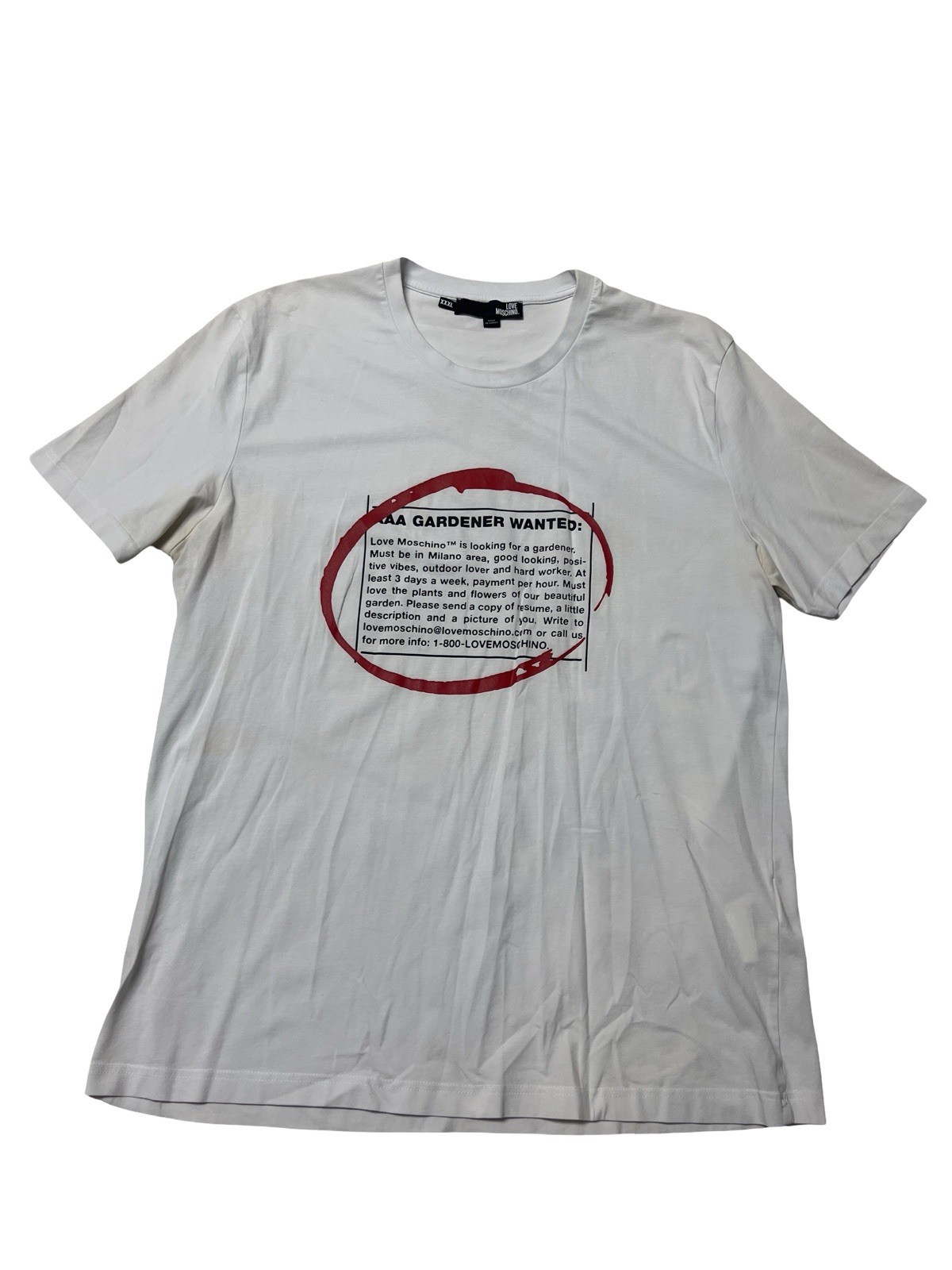 Love Moschino Gardener Wanted Graphic T Shirt Mens XXXL White Short Designer
