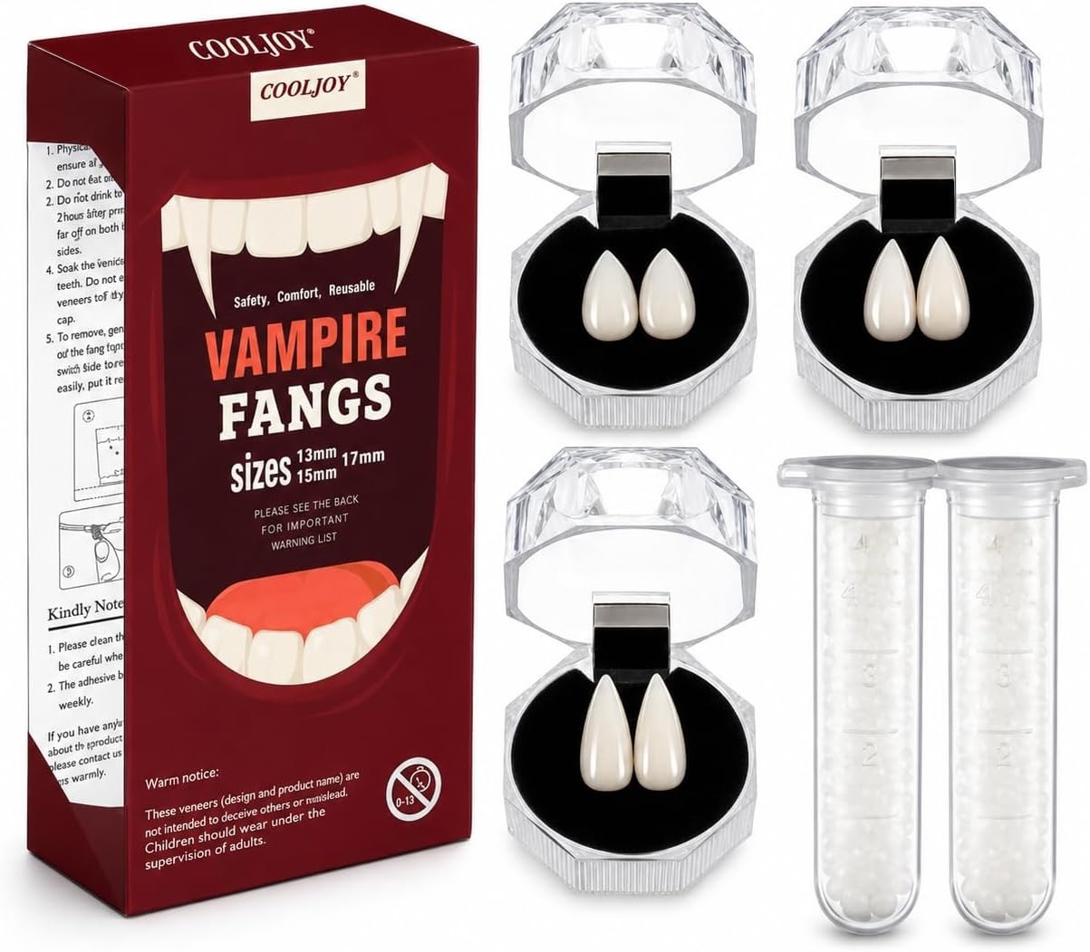 Realistic Vampire Fangs with 3 Sizes and Adhesive – Ideal for Halloween Parties