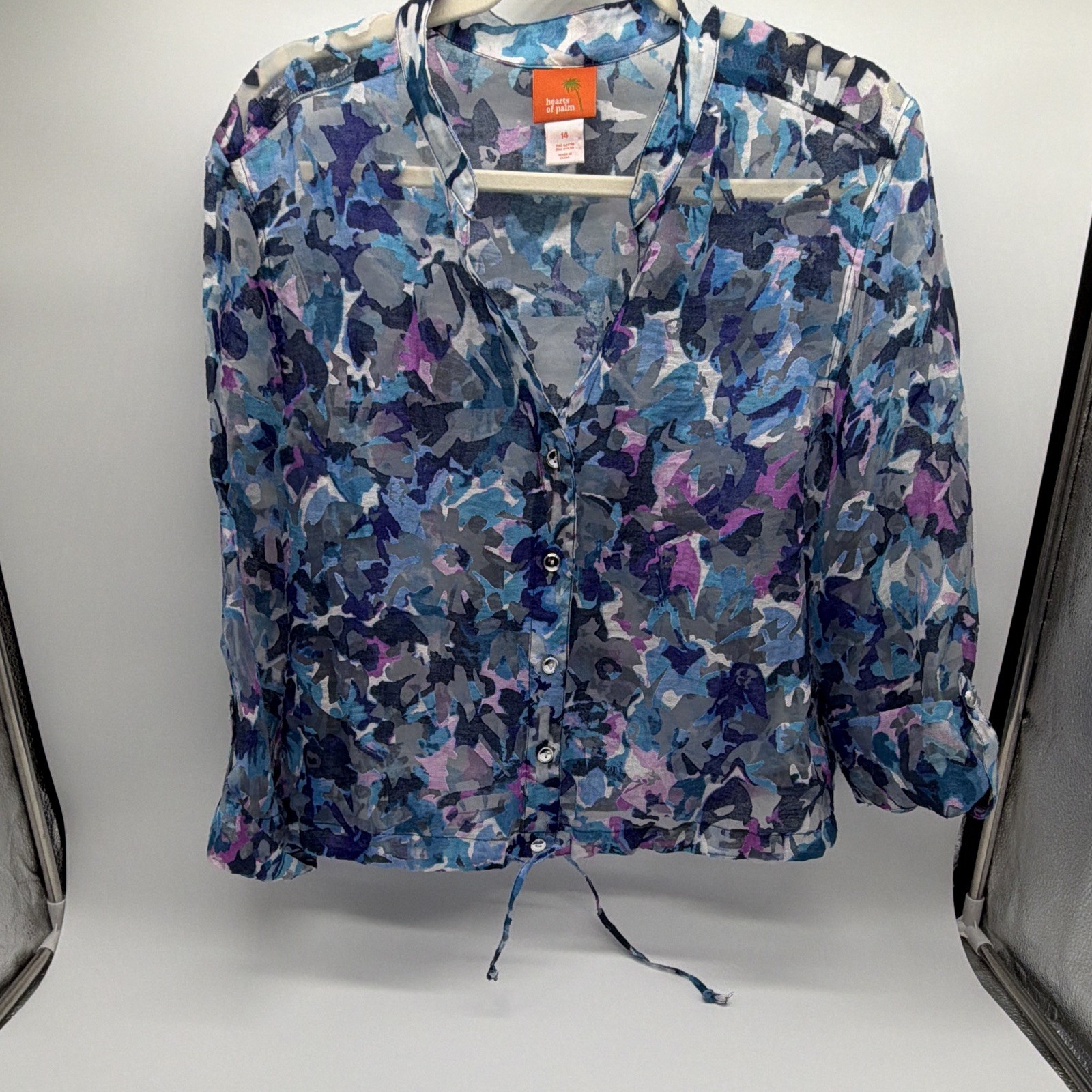 Hearts of Palm Women’s Blue/Purple Abstract Sheer Chiffon Button Blouse 14