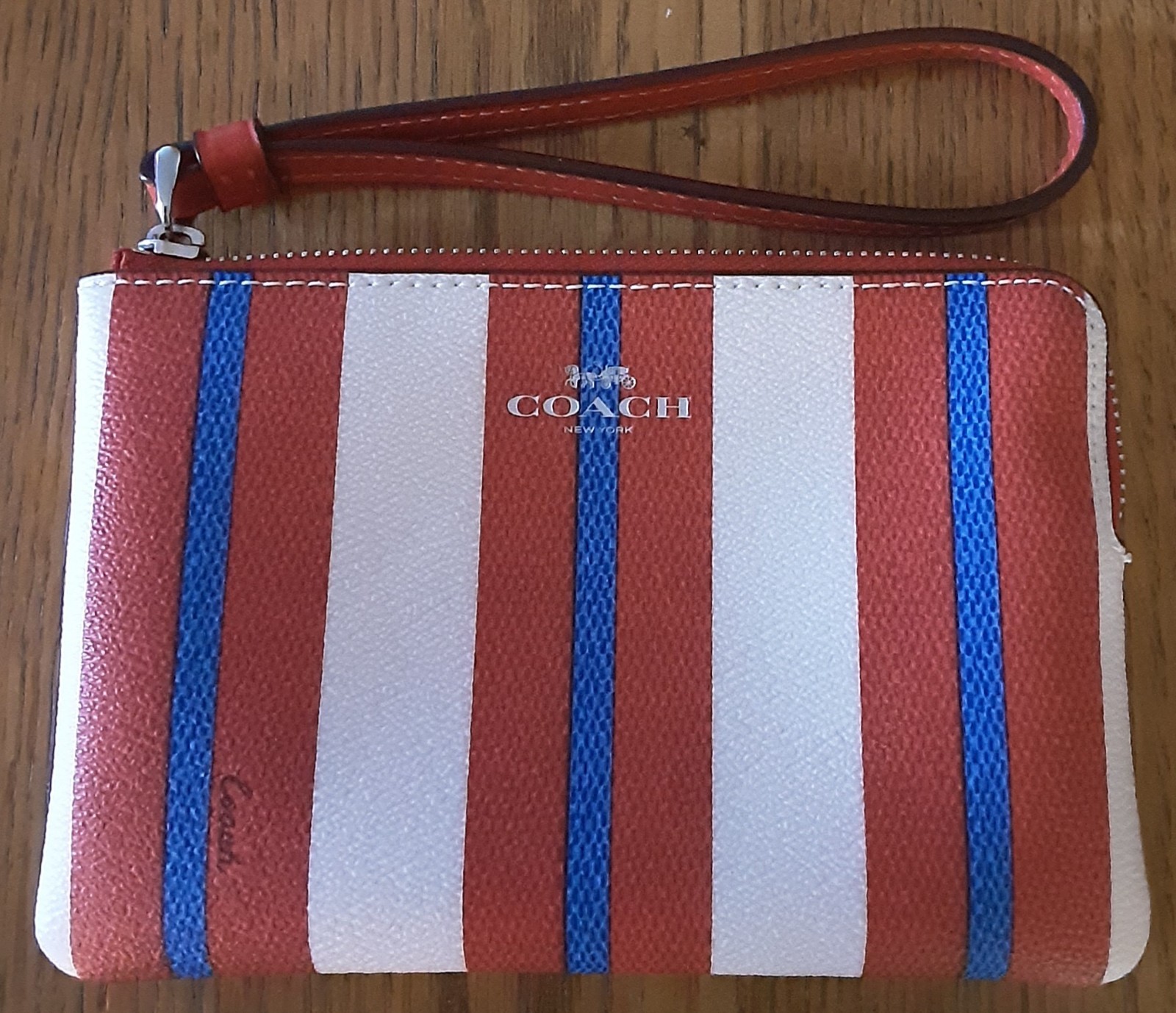 Coach Corner Zip Stripe Wristlet Red White Blue