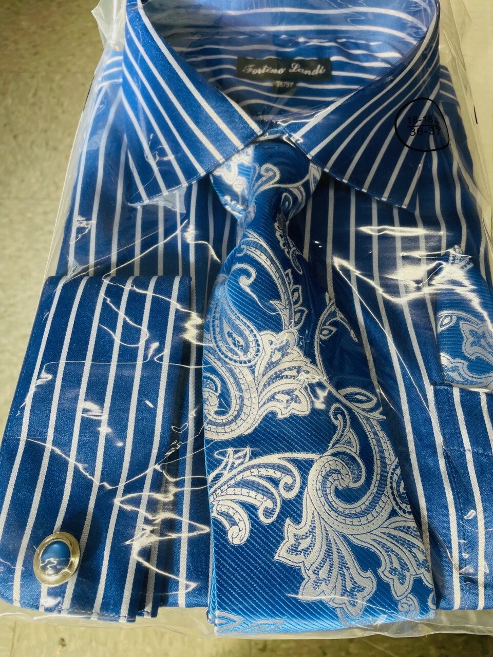 Men’s Striped Dress Shirt with Tie + Handkerchief, French Cuff Links New