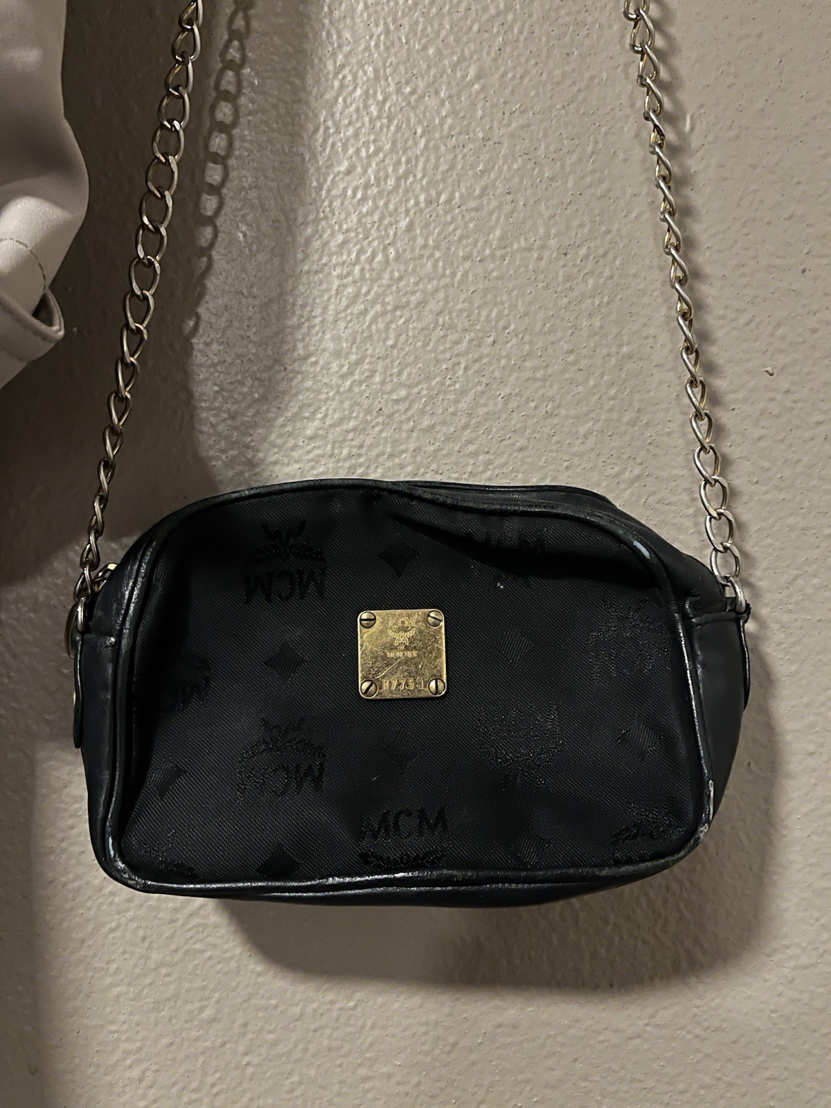 MCM Visetos Monogram Small Shoulder Bag Black Chain Strap Zip Closure