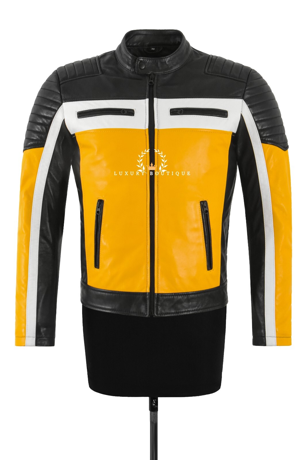 Cafe Racer Men’s Biker Leather Jacket Black Yellow Retro Style Motocross Jacket