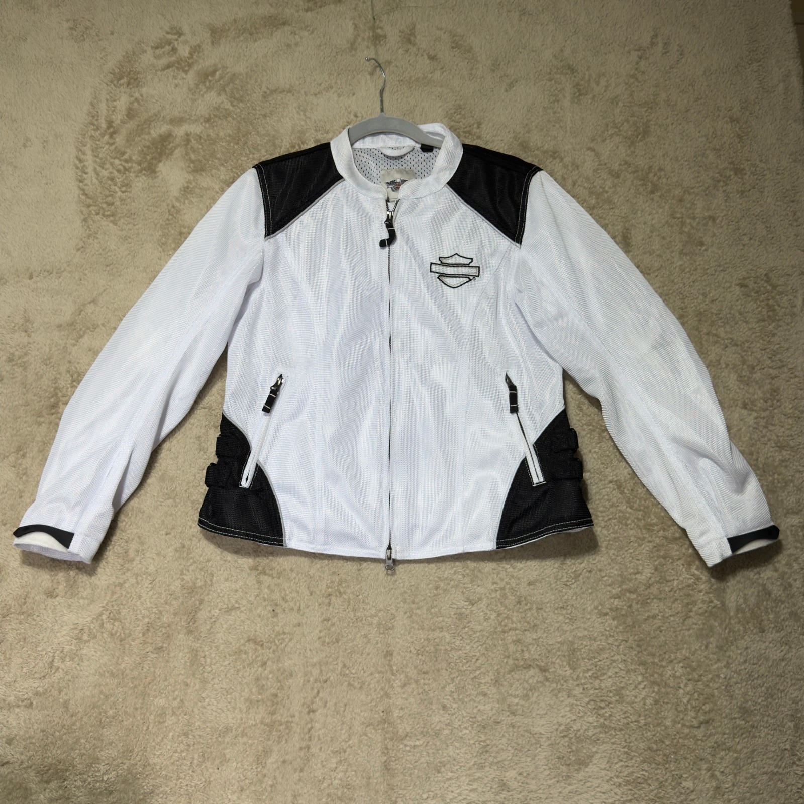 Harley Davidson Jacket Womens Medium White Black Mesh Riding Biker Embroidered