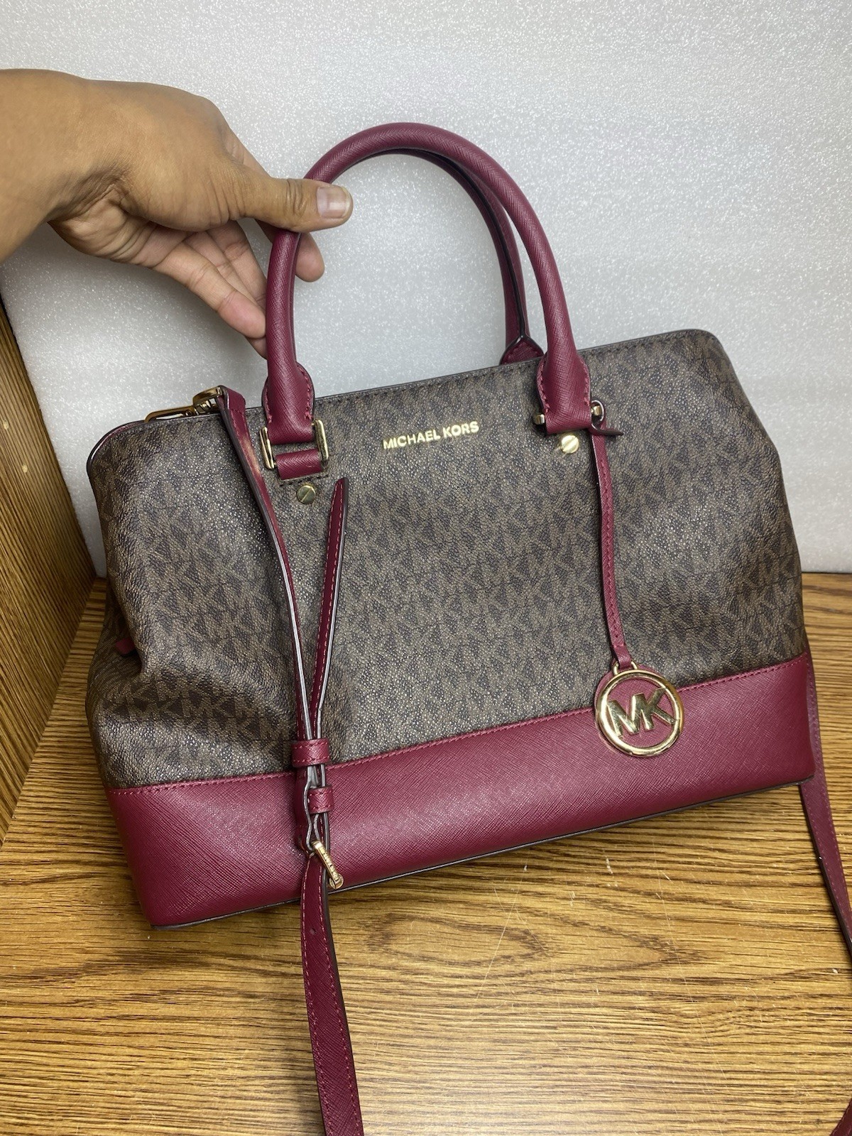 Michael Kors Savannah Signature Satchel Purse Brown Red Wine Cherry Gold