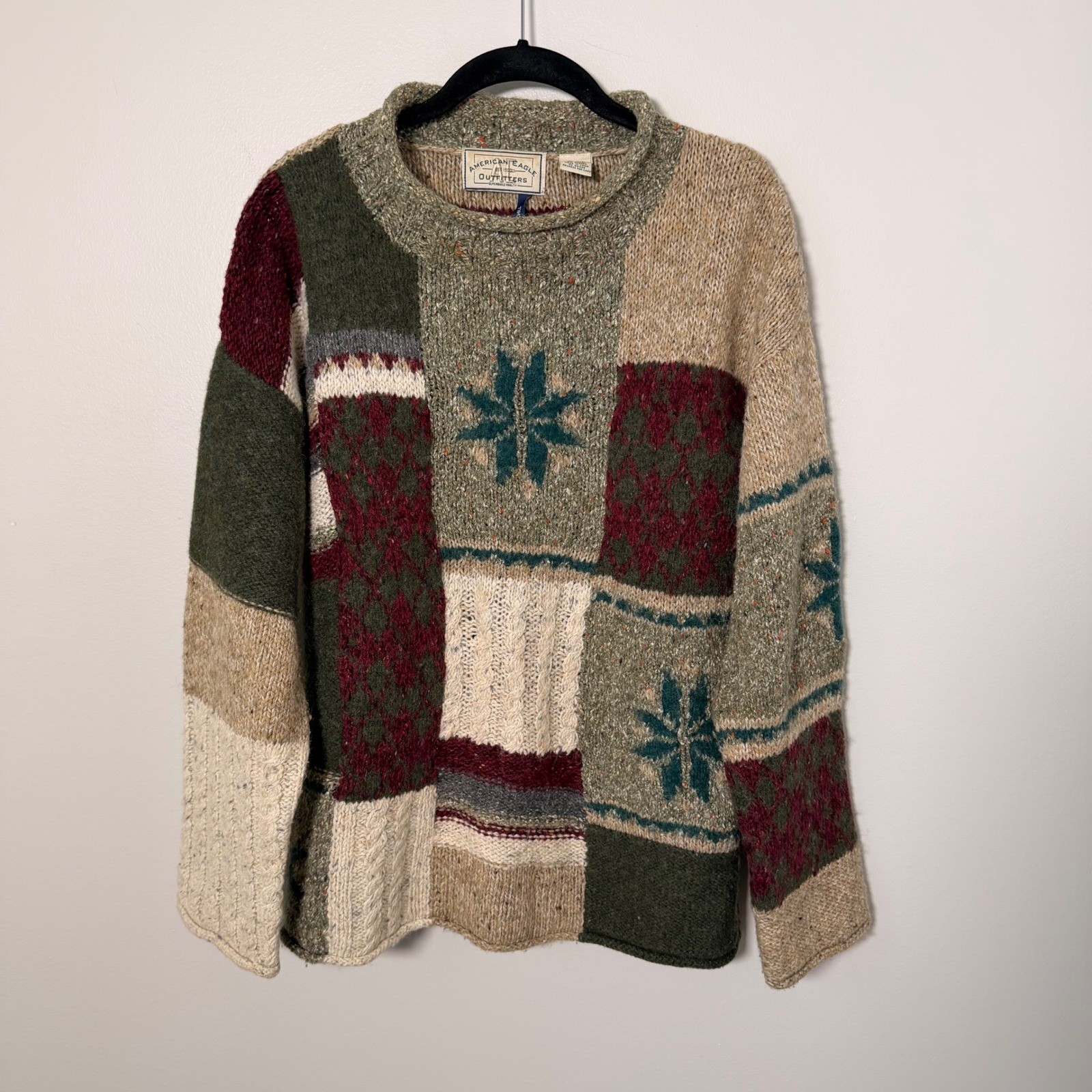 American Eagle Patchwork Handknit Sweater SML Chunky Wool Blend Cabin Pullover