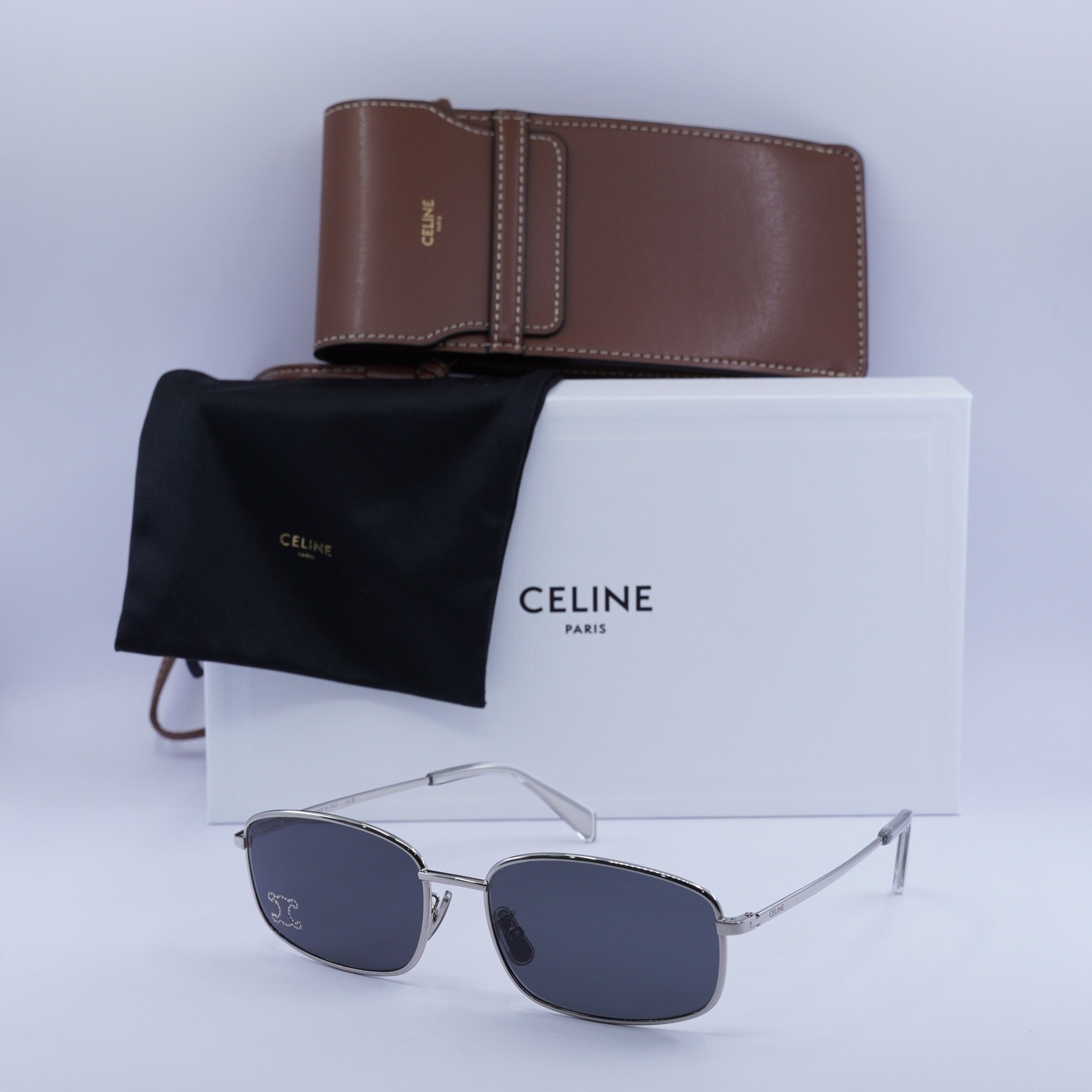 Celine CL40285U RHINESTONE TRIOMPHE 16A Shiny Palladium/Grey with Crystal Log…