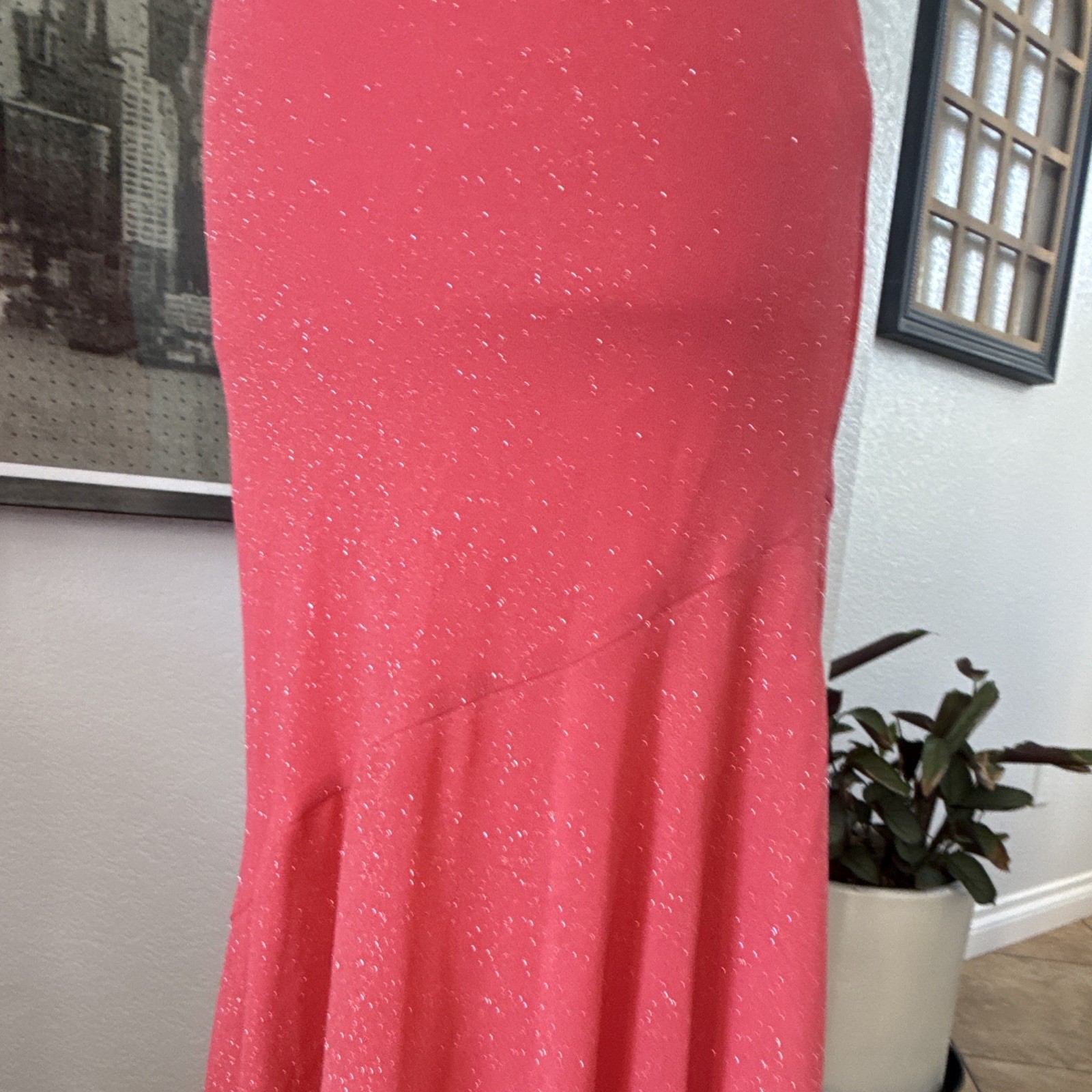 BeSmart Women’s Pink Glitter Spaghetti Strap Cowl Neck Long Dress 5/6