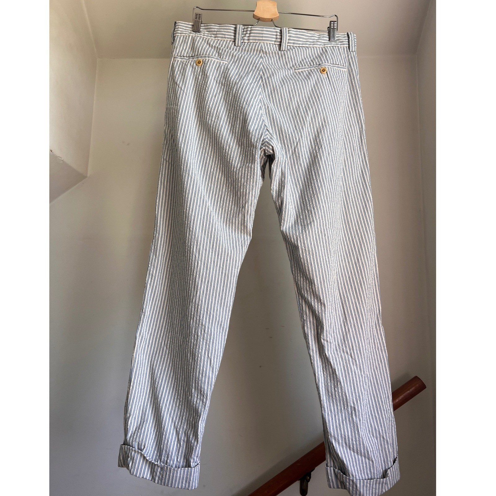 ts(s) Striped Seersucker Trousers Size 36 Blue White Made in Japan Cotton Pants