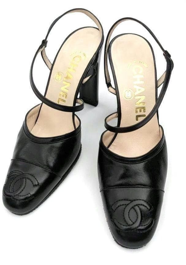 CHANEL Leather Ankle Strap Pumps Heels Black Size 35 (22.5cm) 9cm Heel 062260d